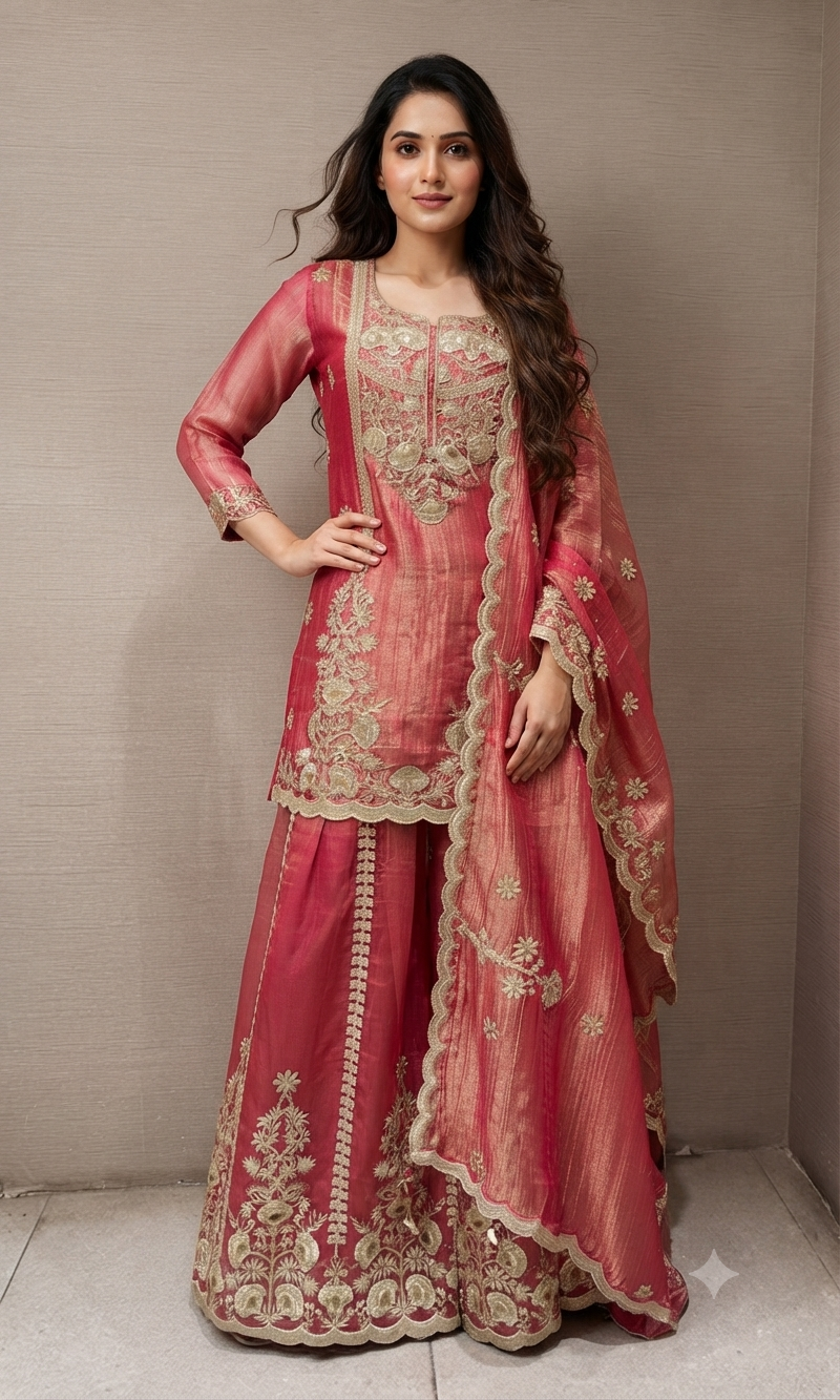 Light pink embroidered sharara set with sheer dupatta