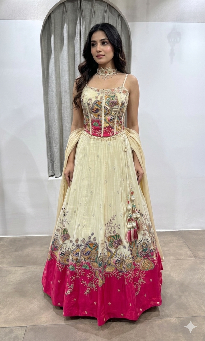 White and Pink corset Floral Lehenga