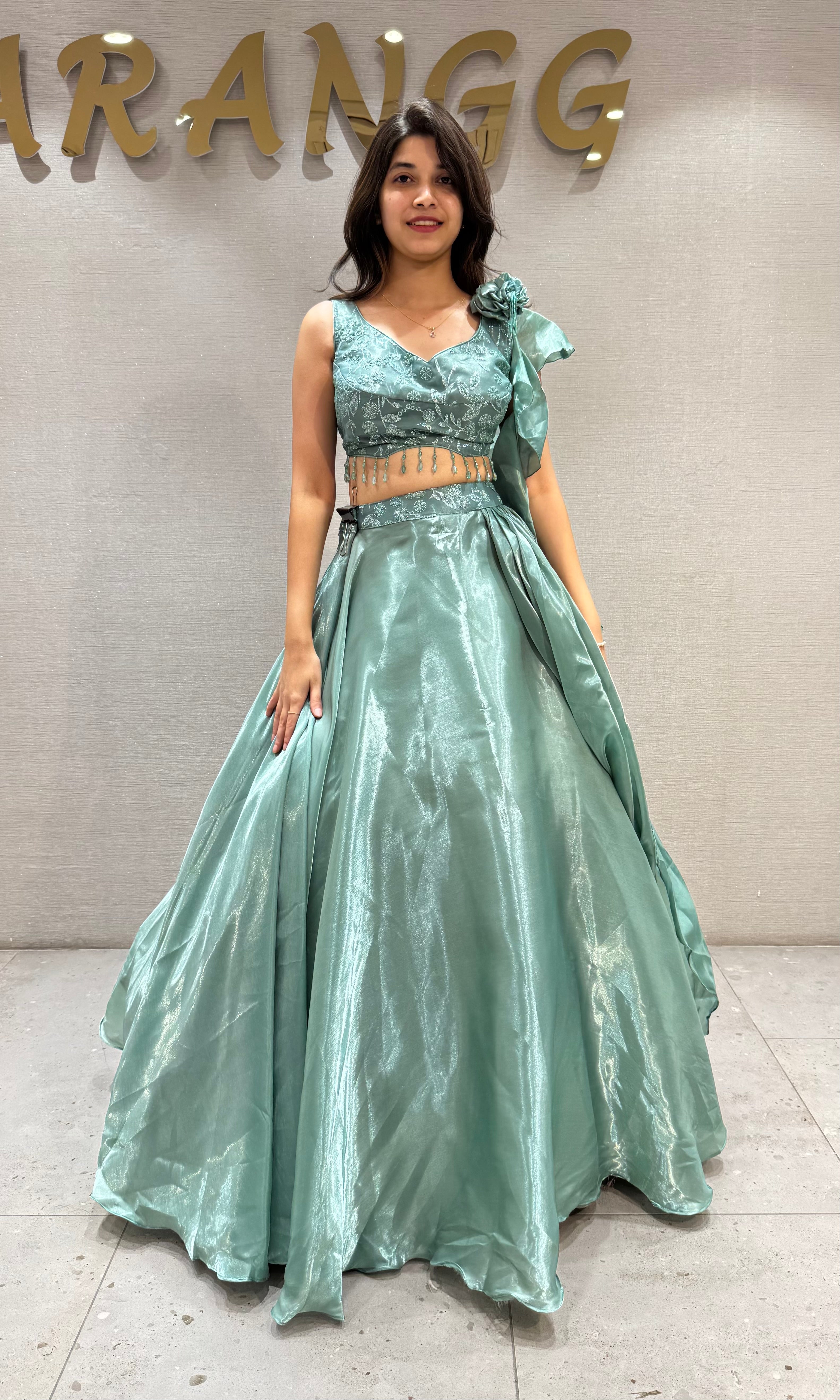 Sea Green Shimmering Organza Lehenga Set