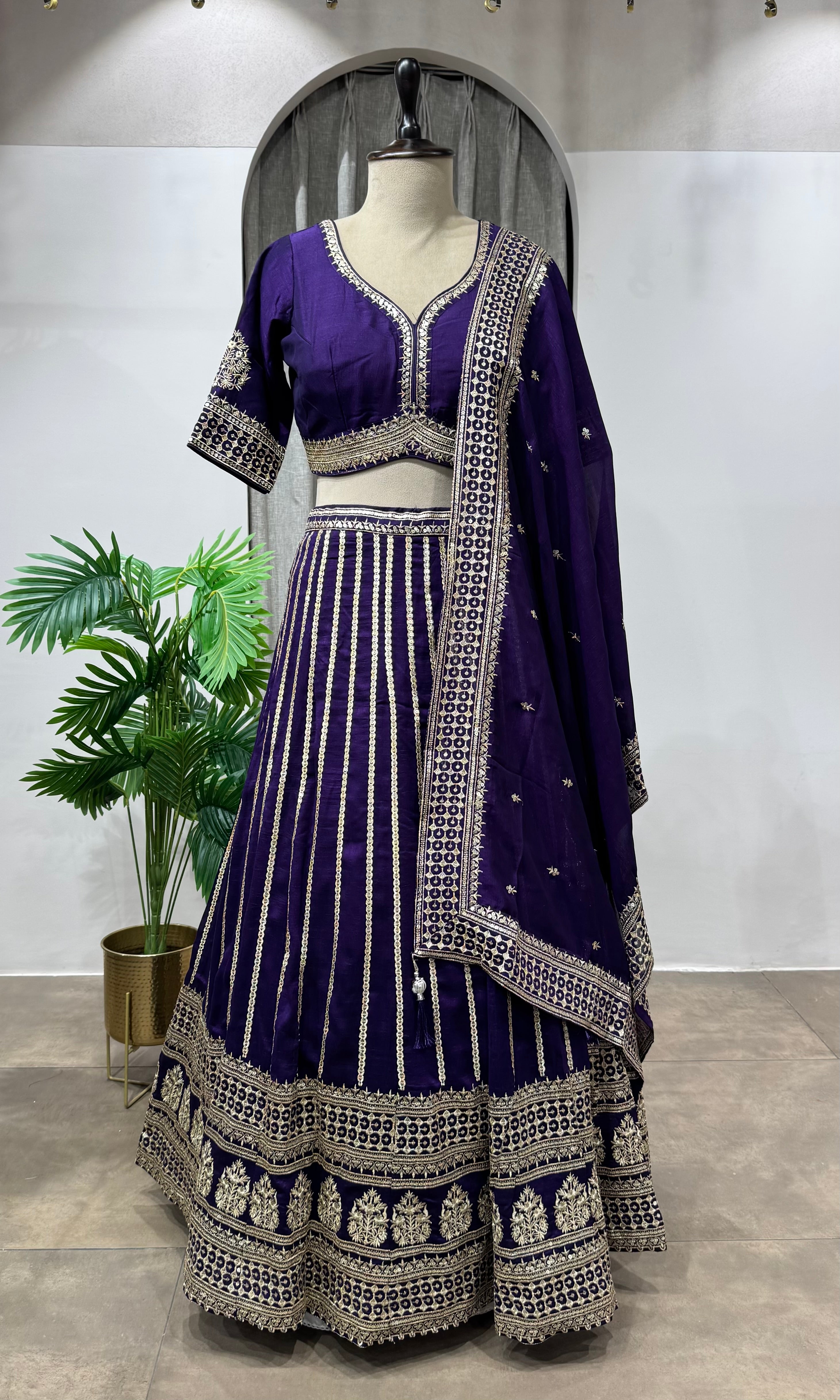 Purple Georgette Sequins Embroidery Lehenga