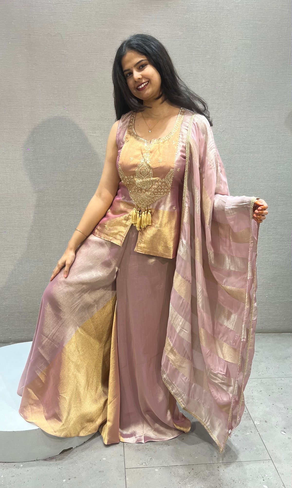 Lavender & Golden Top Satin Palazzo set with Dupatta