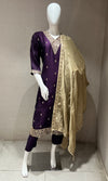 purple kurta set with contrast gold duppatta