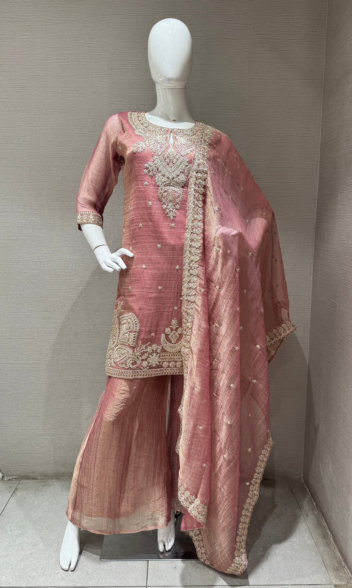 Pink Tissue Silk embroidered sharara set with dupatta