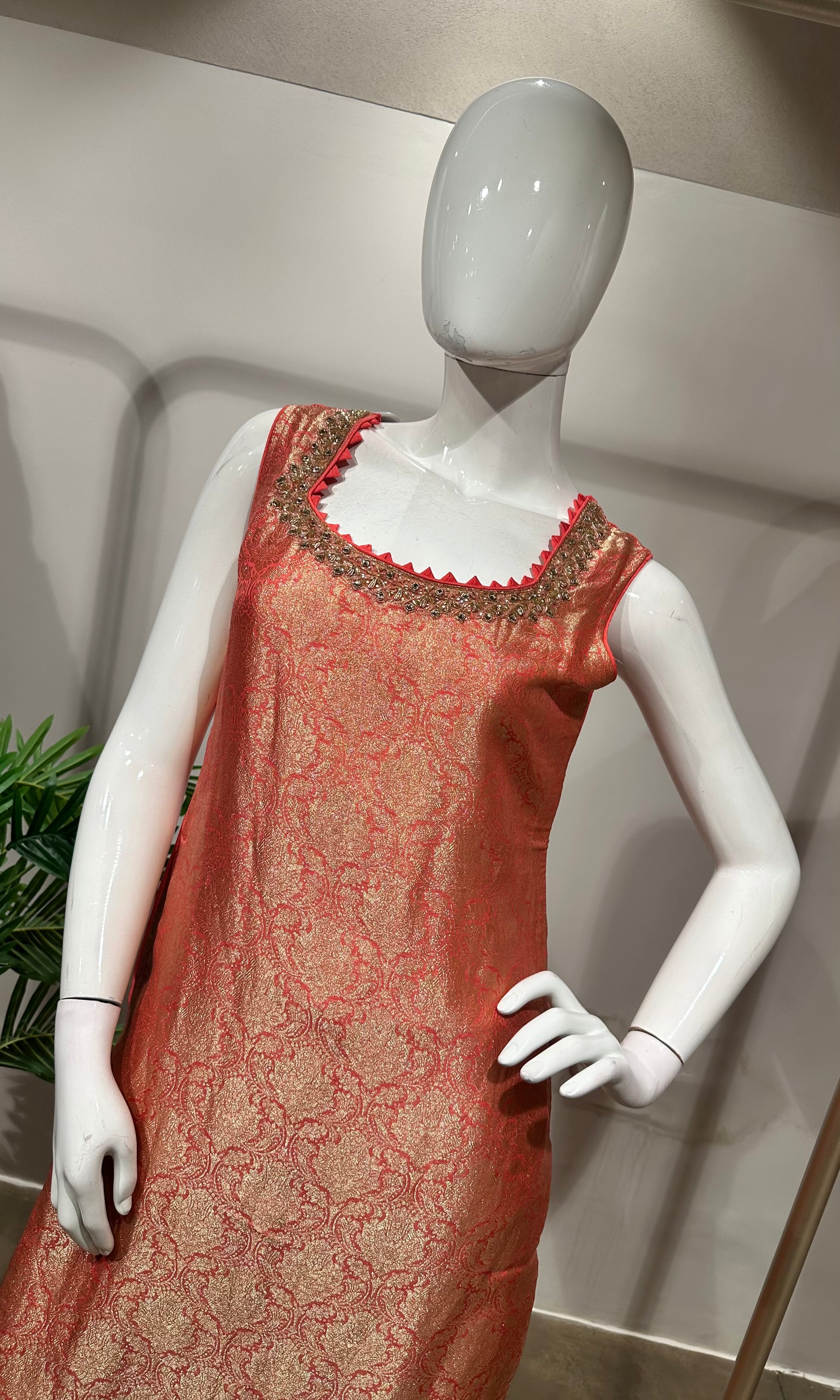 Peach Banarasi embroidered kurta set