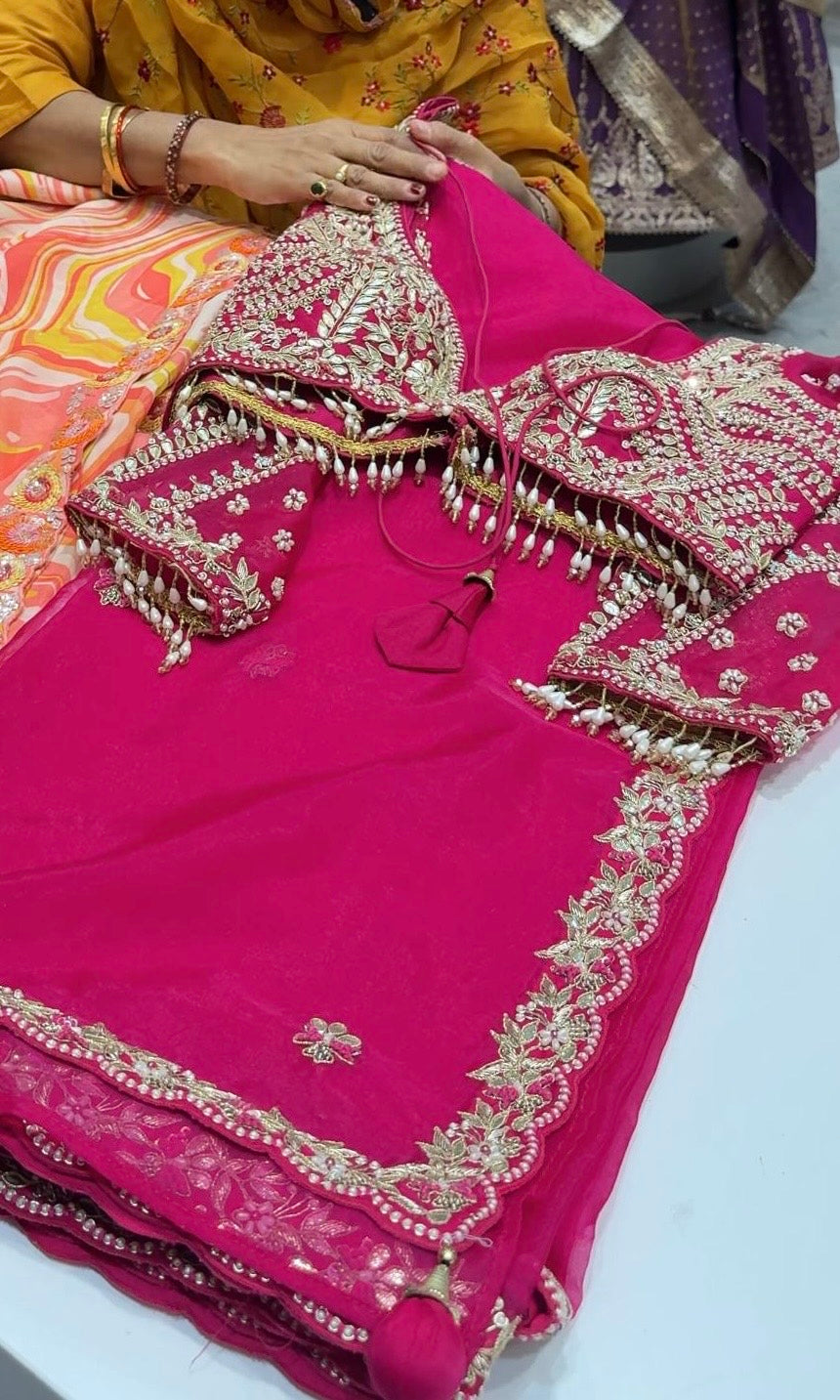 Pink saree with ready blouse