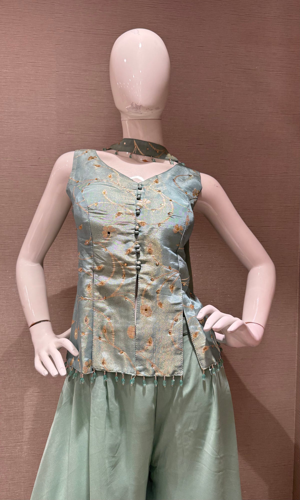 Sage Green Tissue Embroidered Fusion Palazzo Set