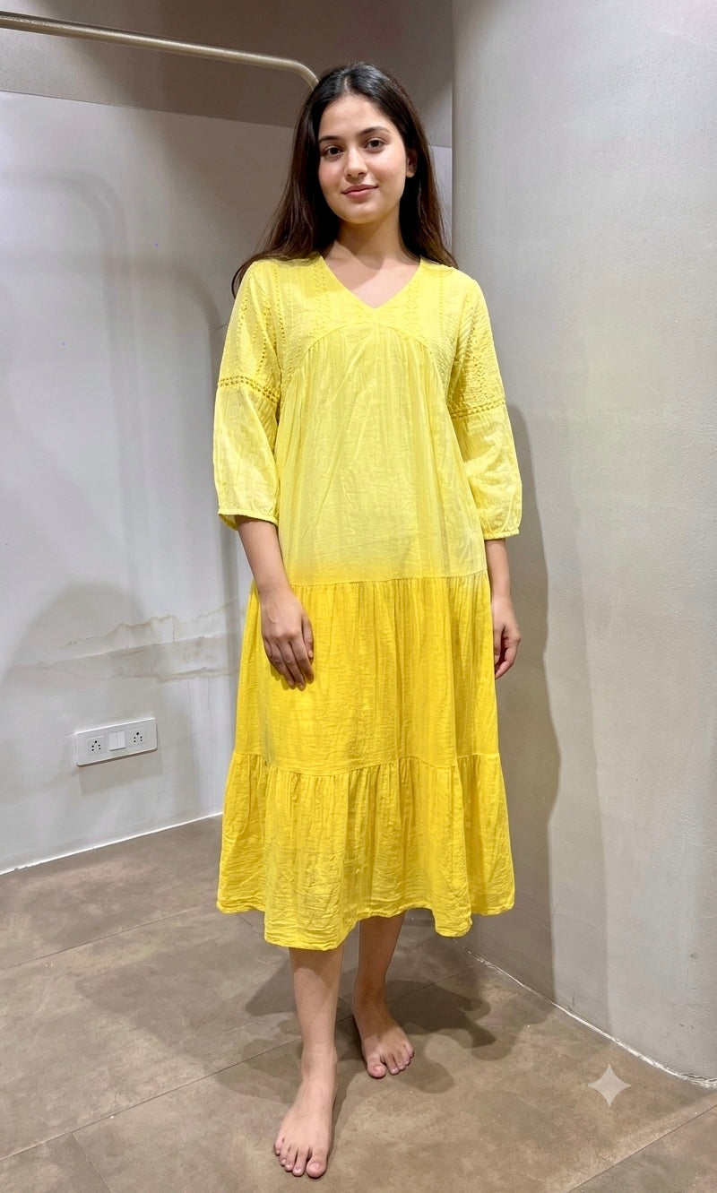 Sunshine Yellow Ombre Tiered Midi Dress