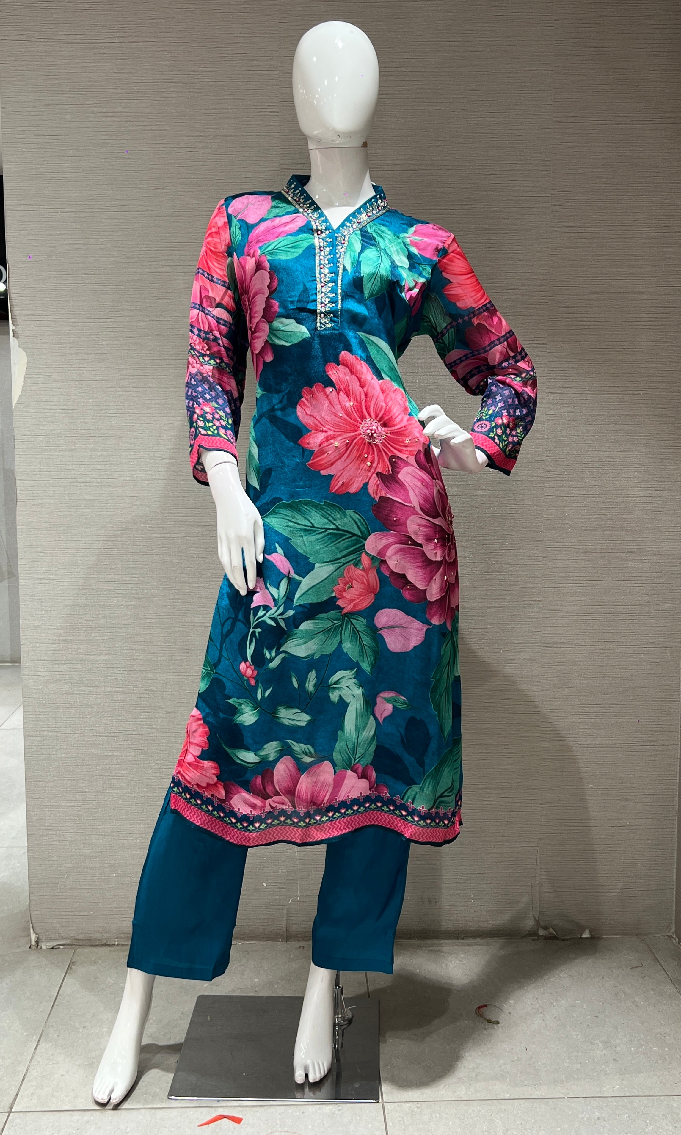 Rama blue floral kurta set
