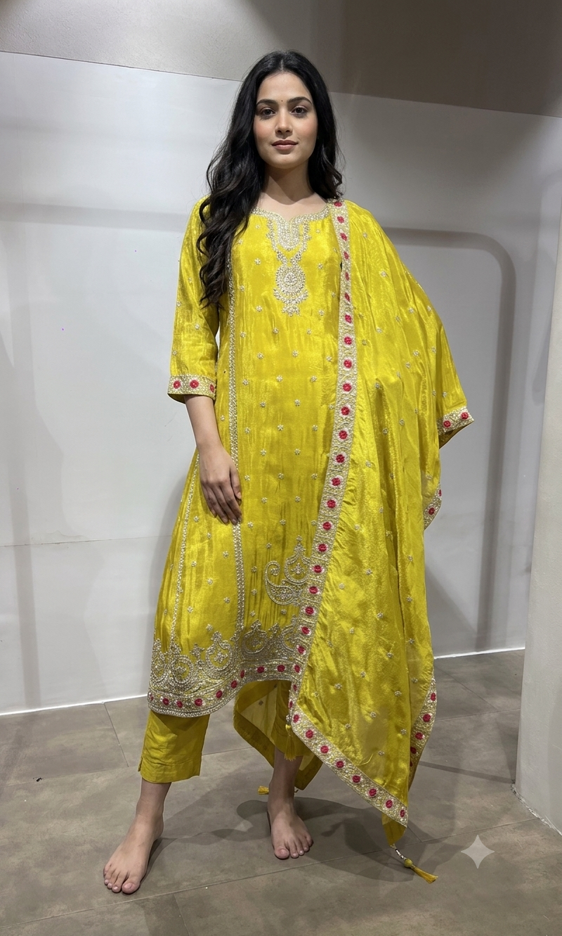 Yellow Silk Embroidered Kurta Suit with Dupatta