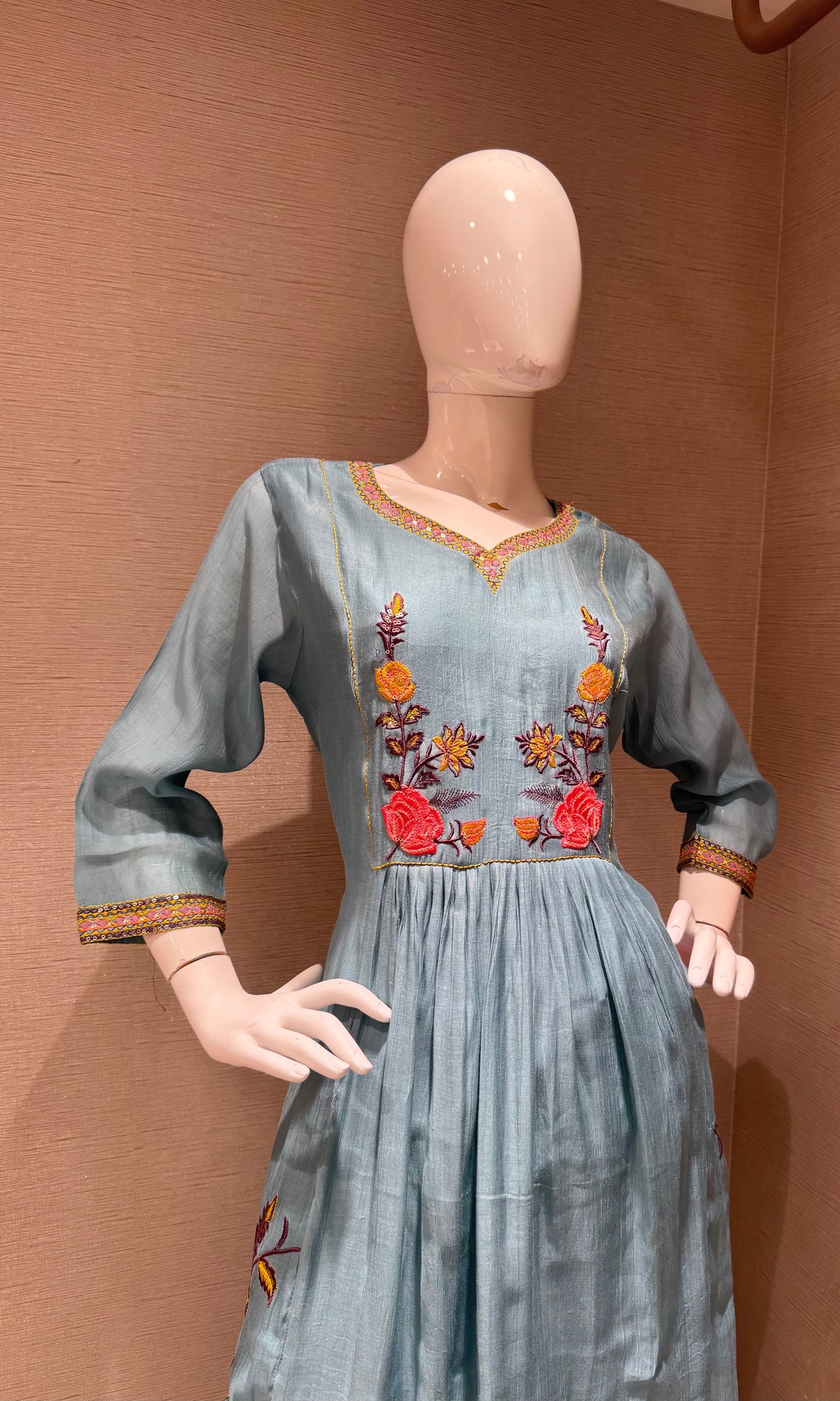 Blue Floral mul chanderi kurta set with dupatta