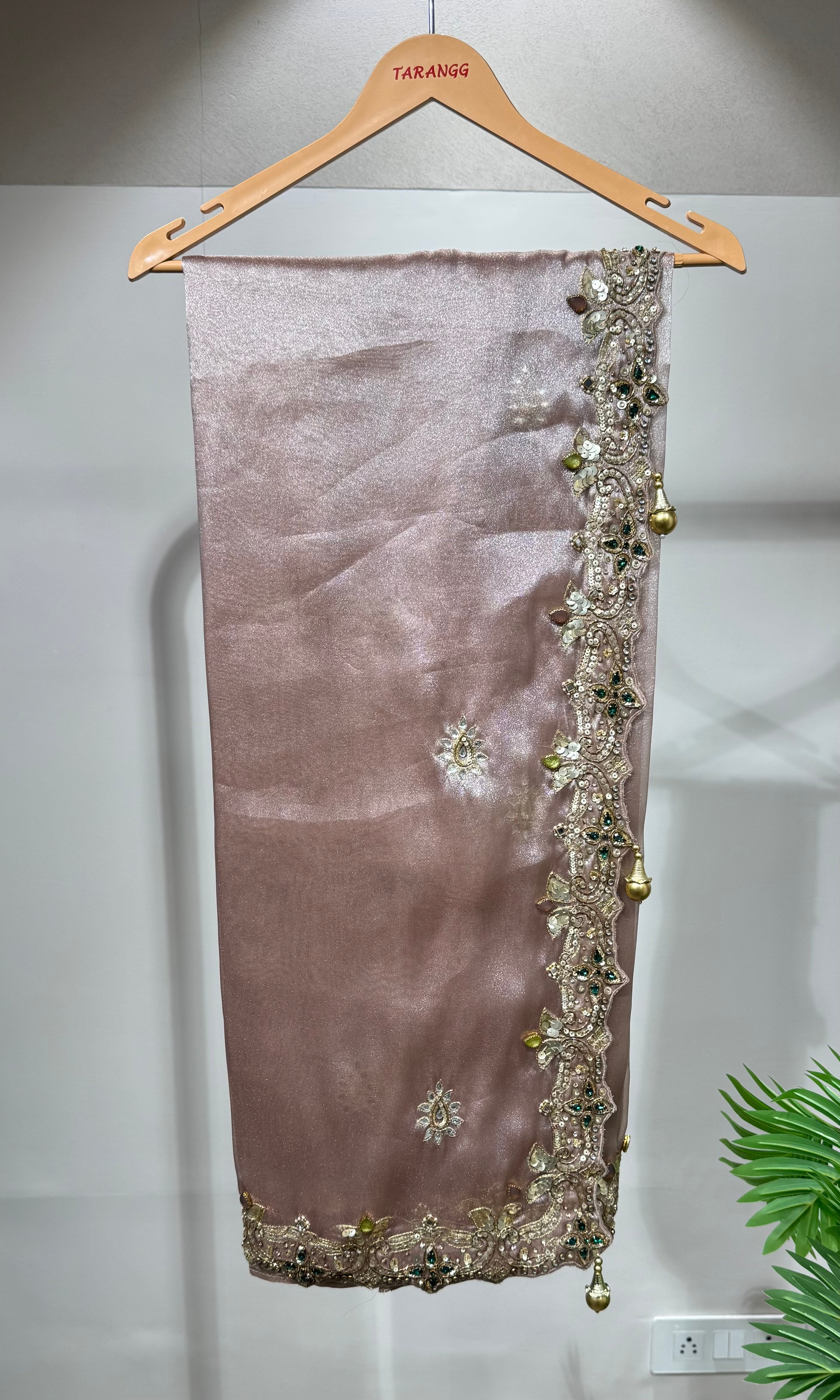 Onion pink Shimmer Saree with Multi-Stone Blouse