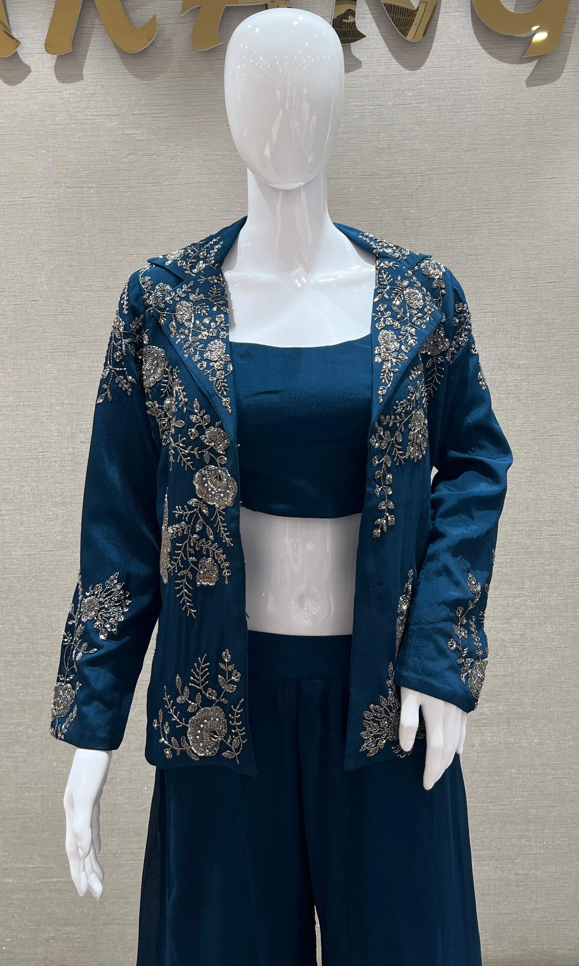 Peacock blue palazzo set with jacket