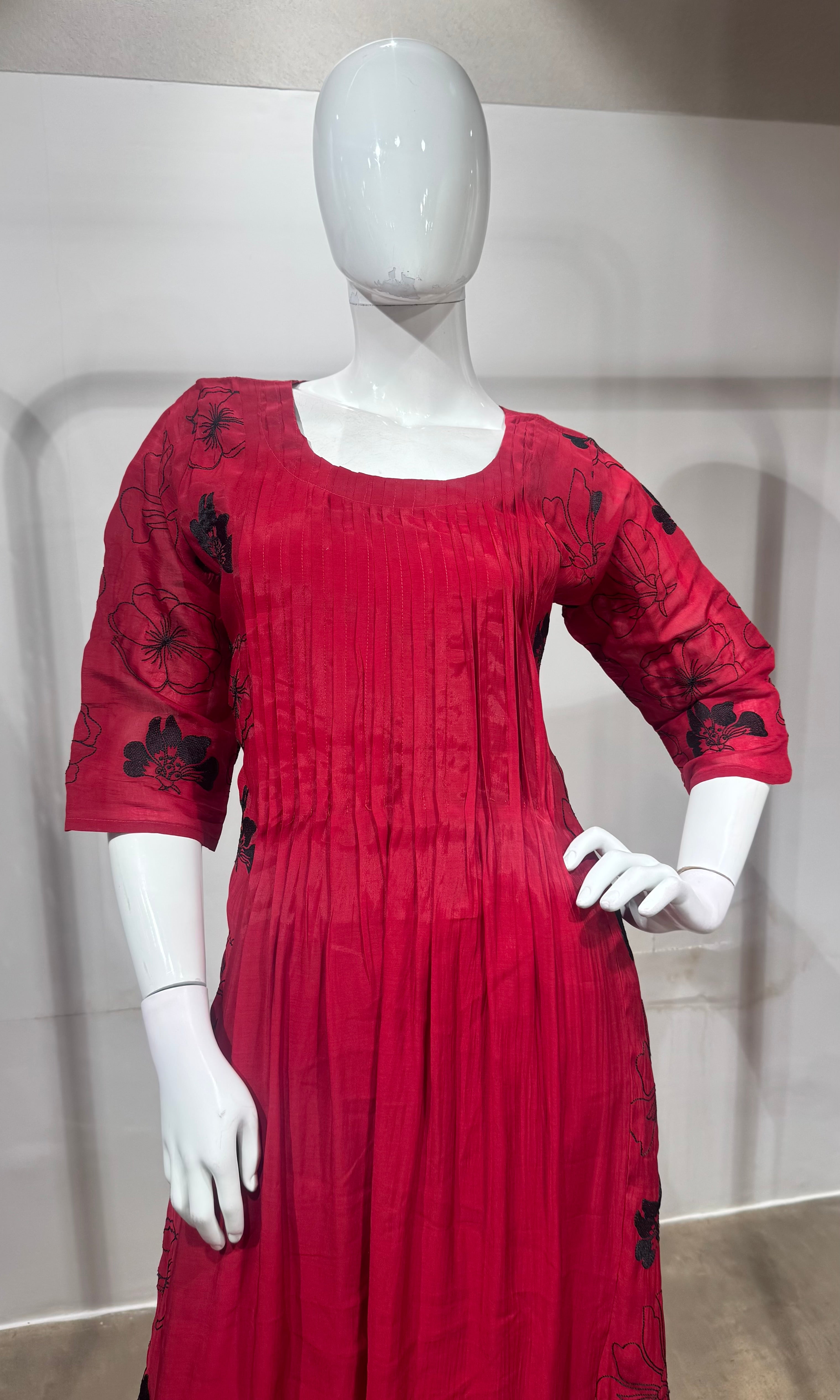 Rani Floral Mul chanderi Kurta Set with Dupatta