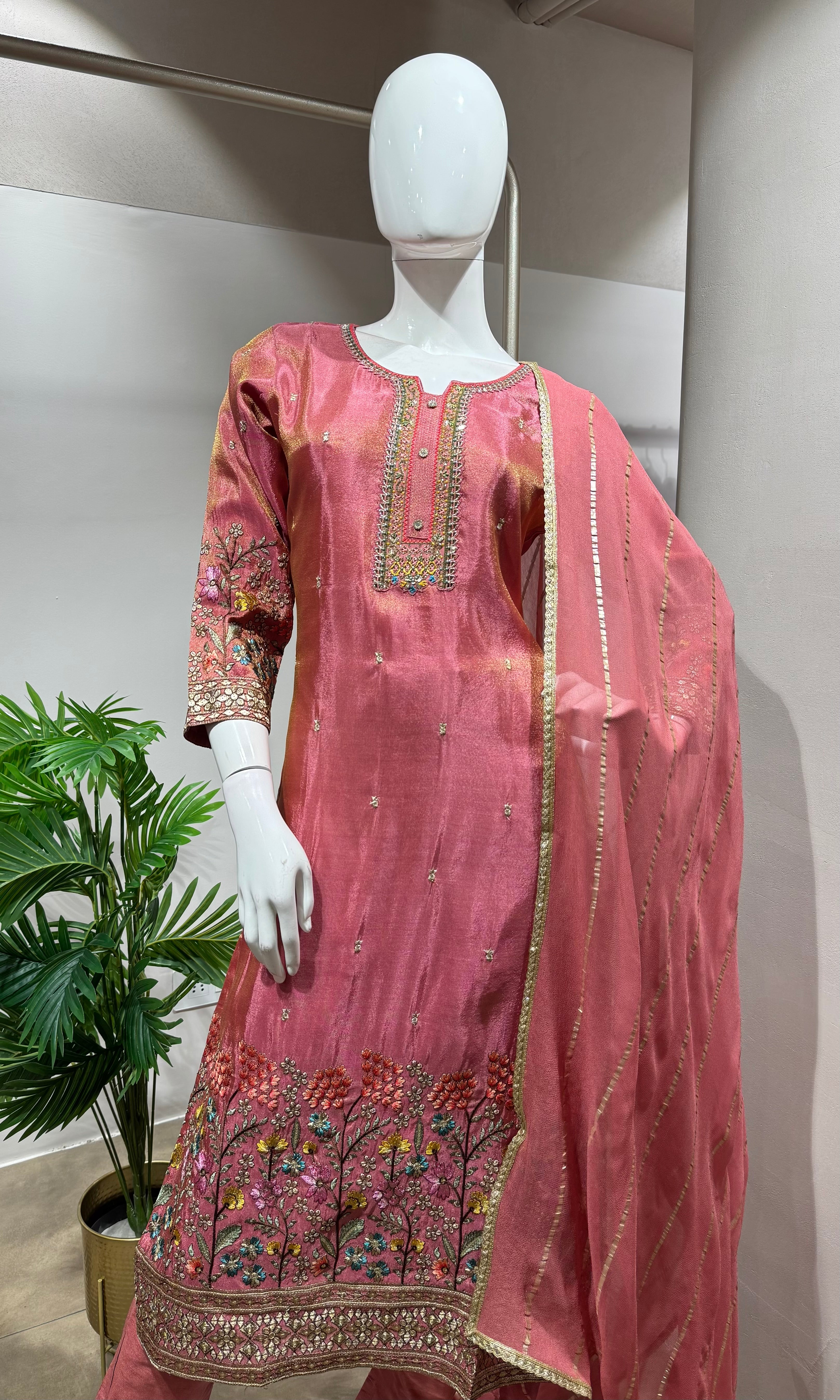Pink Silk Straight Cut Suit with Zari Detailing
