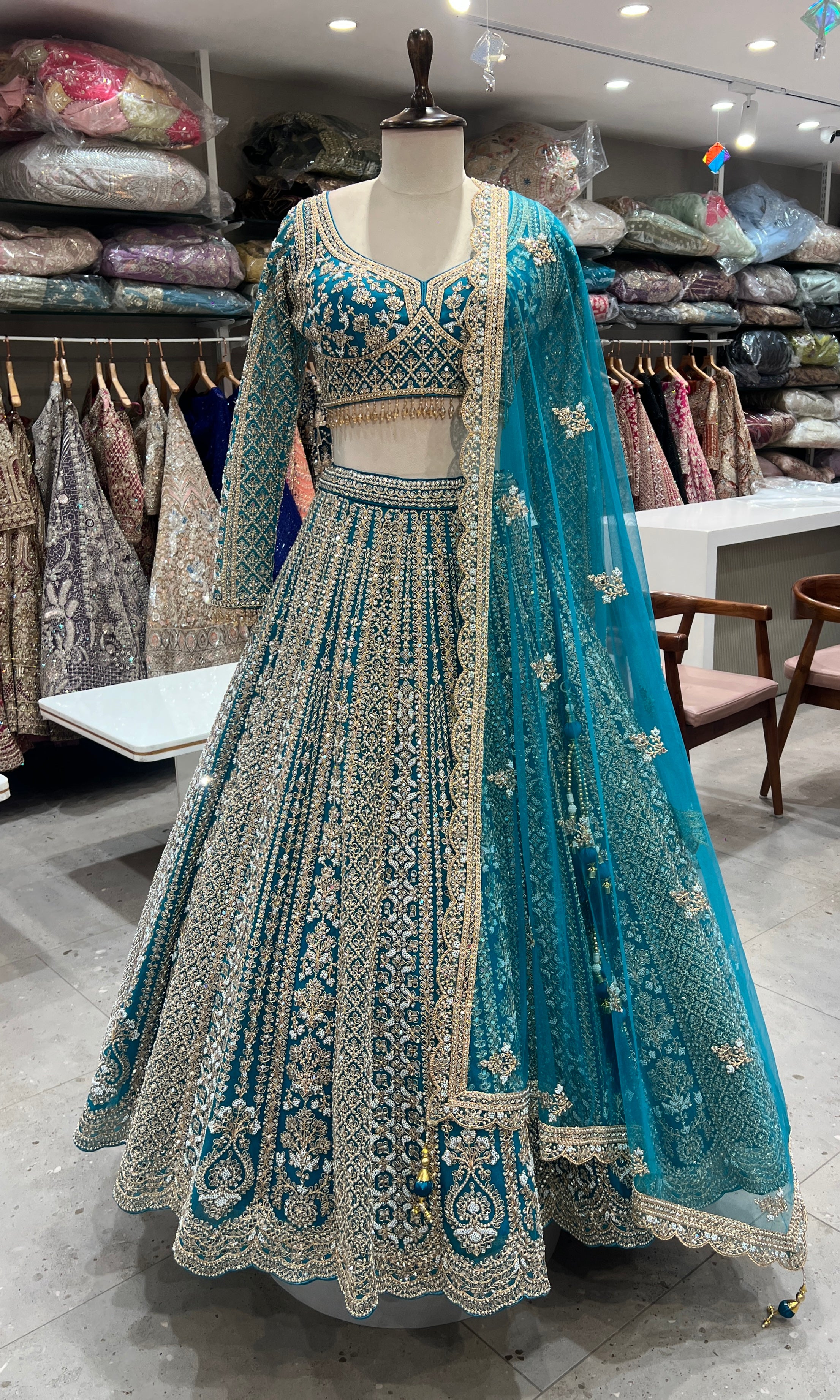 blue intricate golden embroidery lehenga