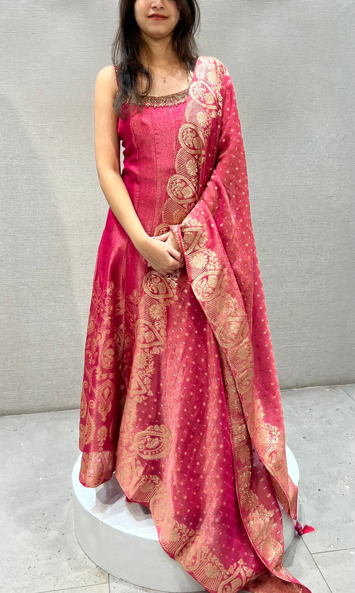 Pink banarasi silk Anarkali with Gold Zari Embroidery and Dupatta