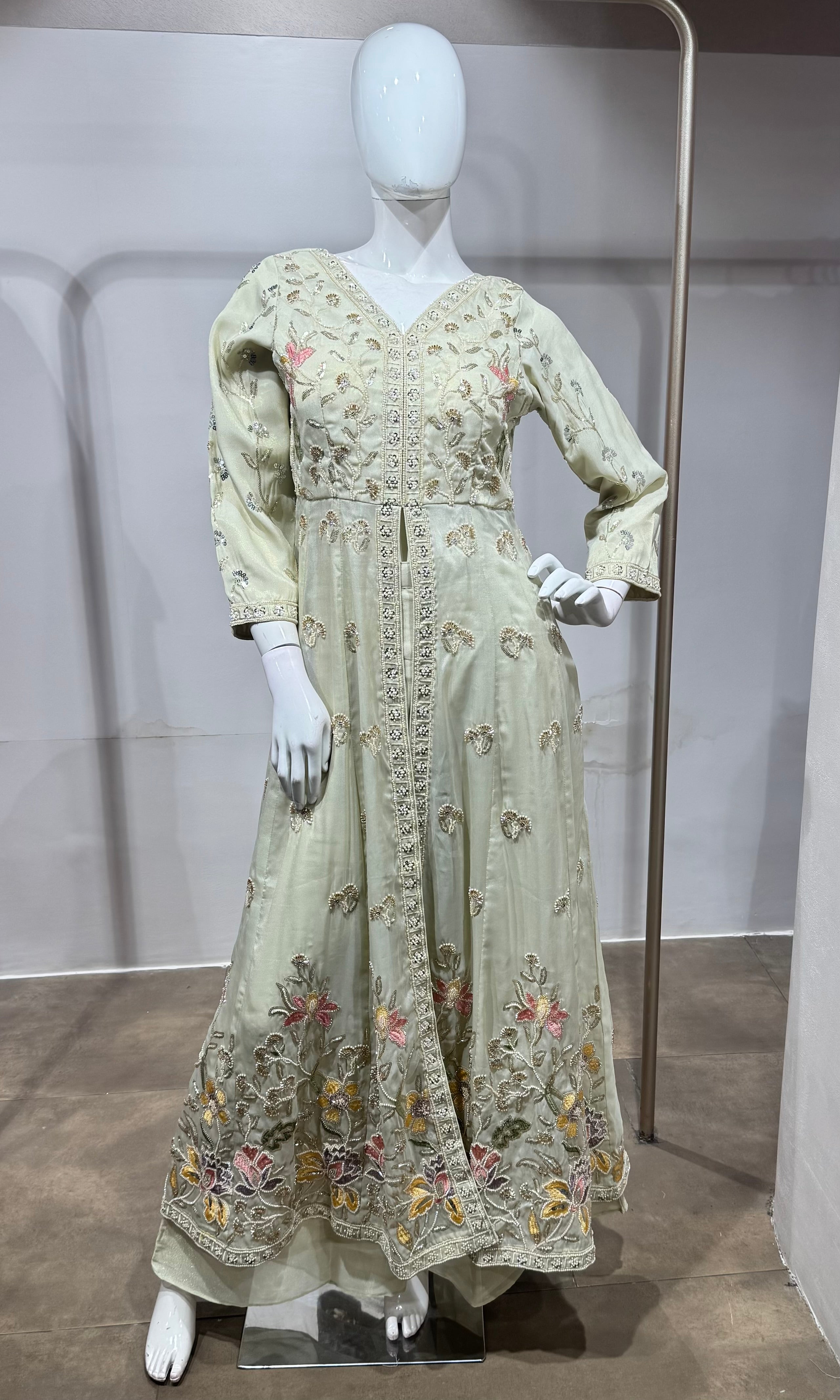cream embroidered front-slit anarkali set
