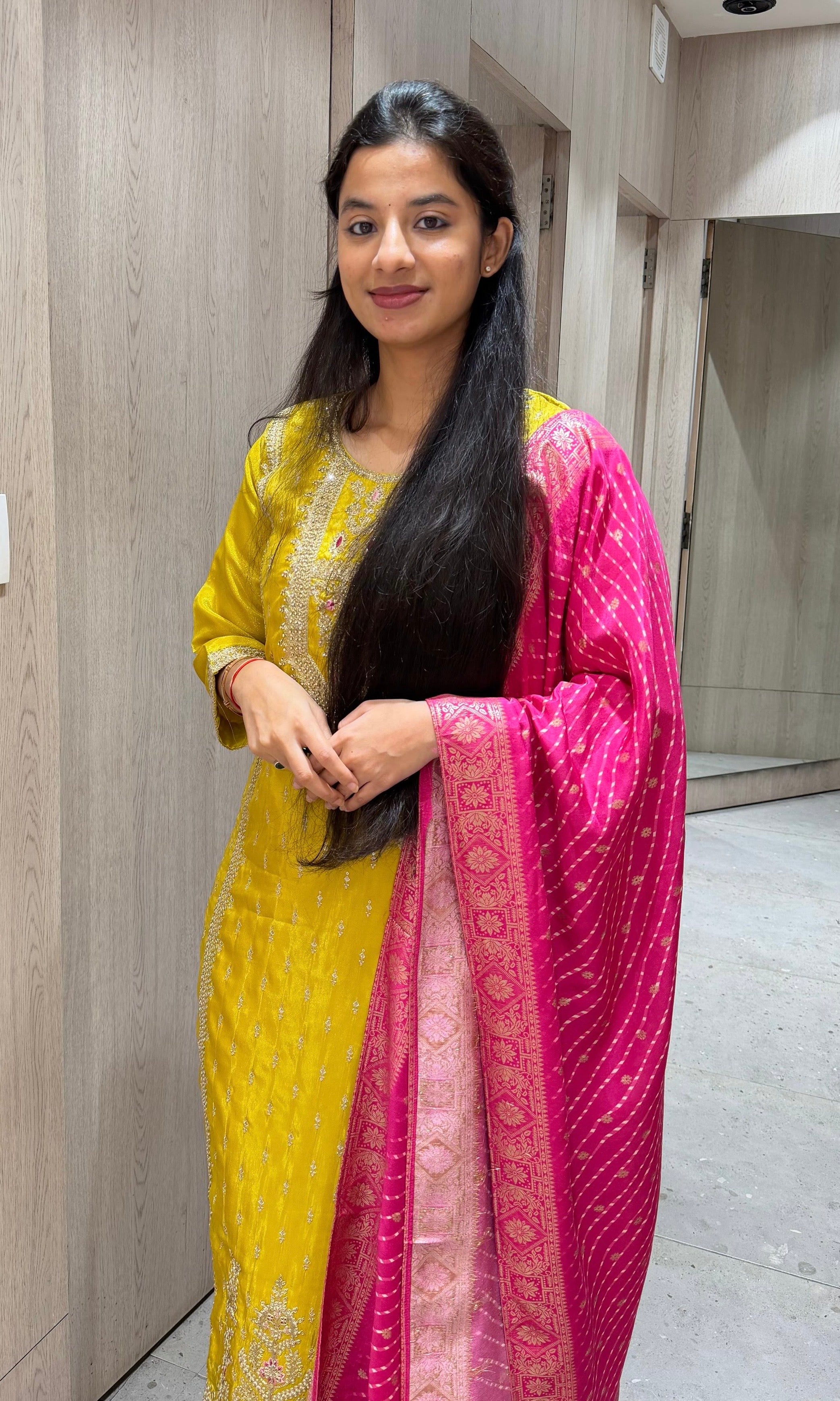 Yellow kurta set WITH CONTRAST PINK DUPATTA