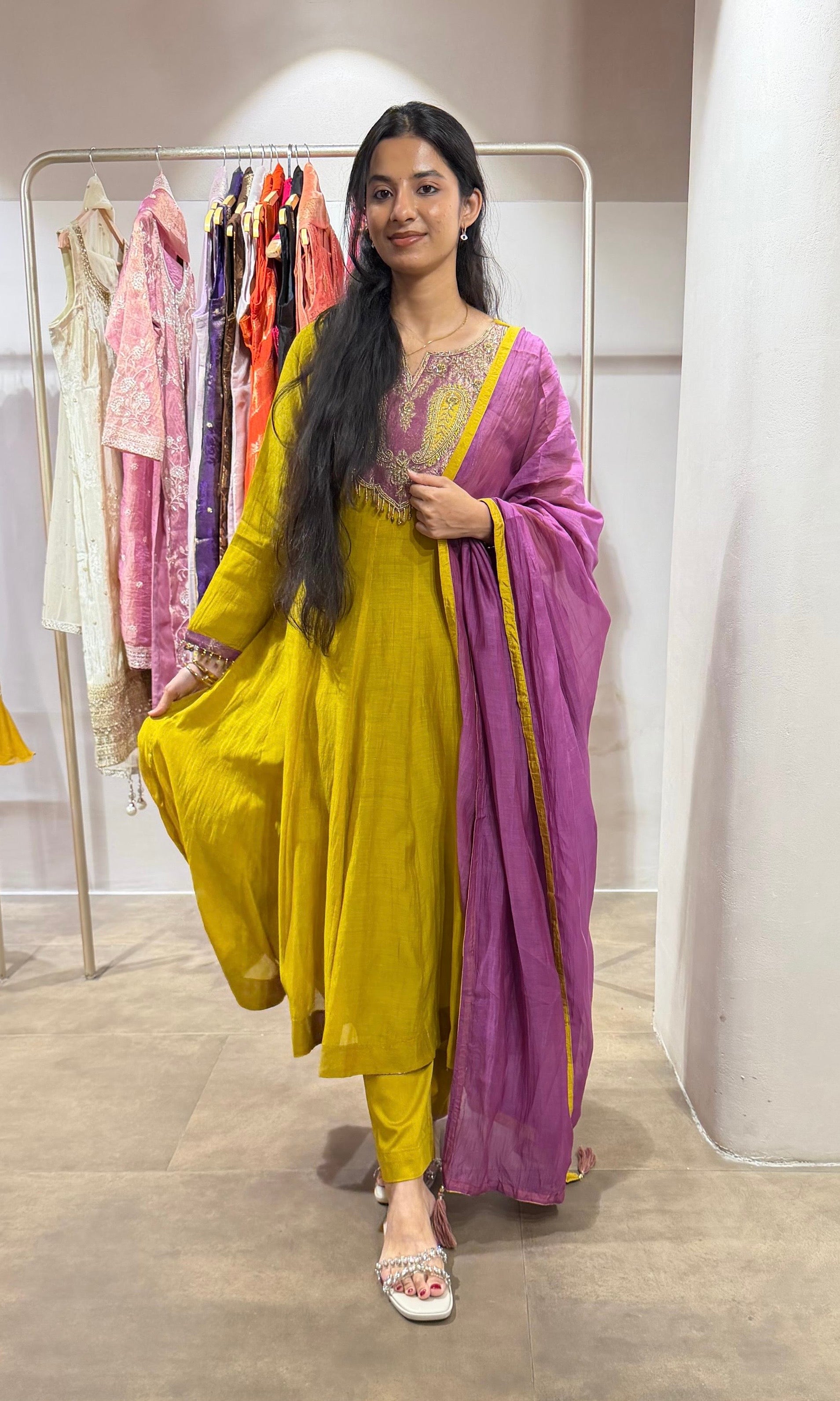 Mustard Anarkali Set with Magenta Dupatta