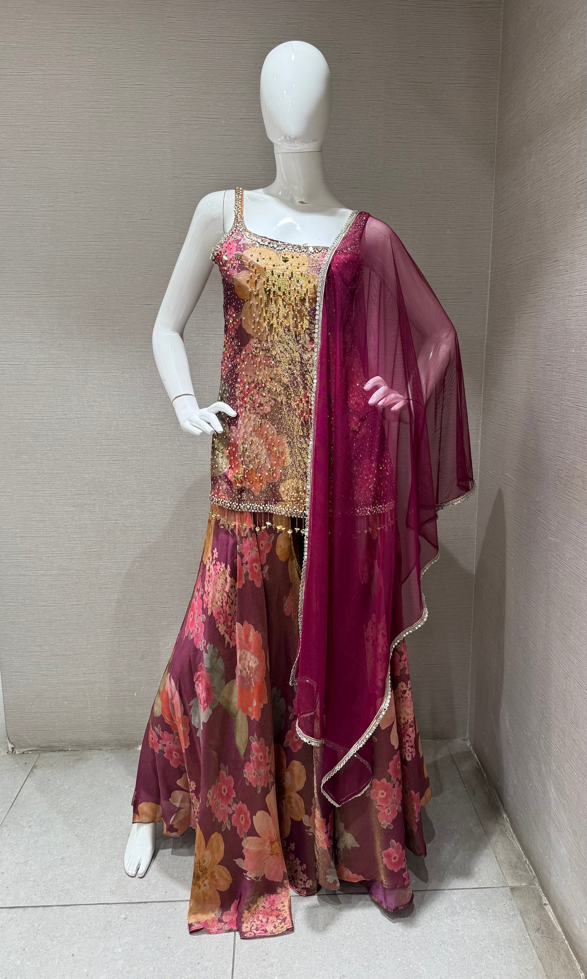 WINE Art Silk Multicolor Floral Printed Sharara Set