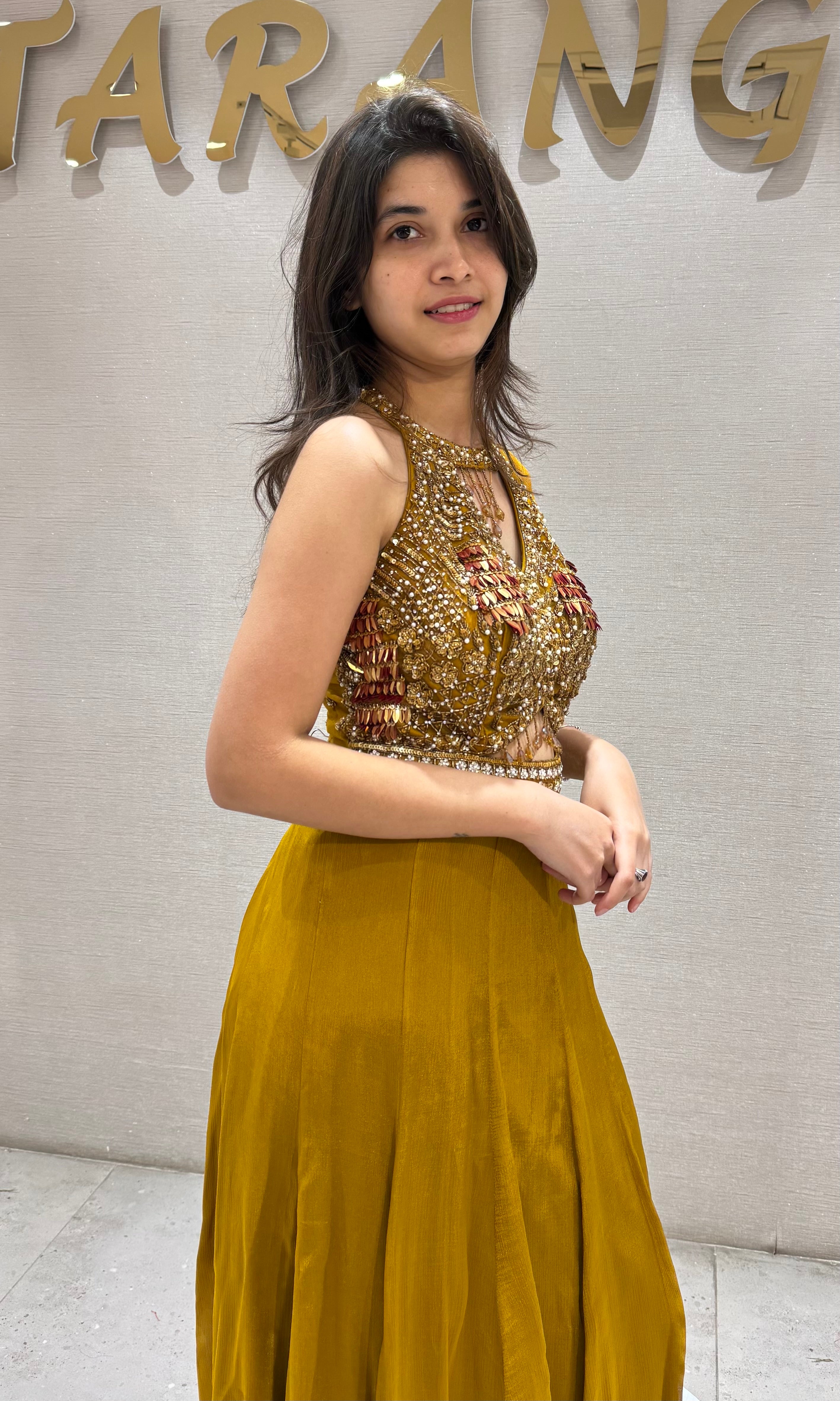 Mustard Georgette with Cutdana Embroidery Frock