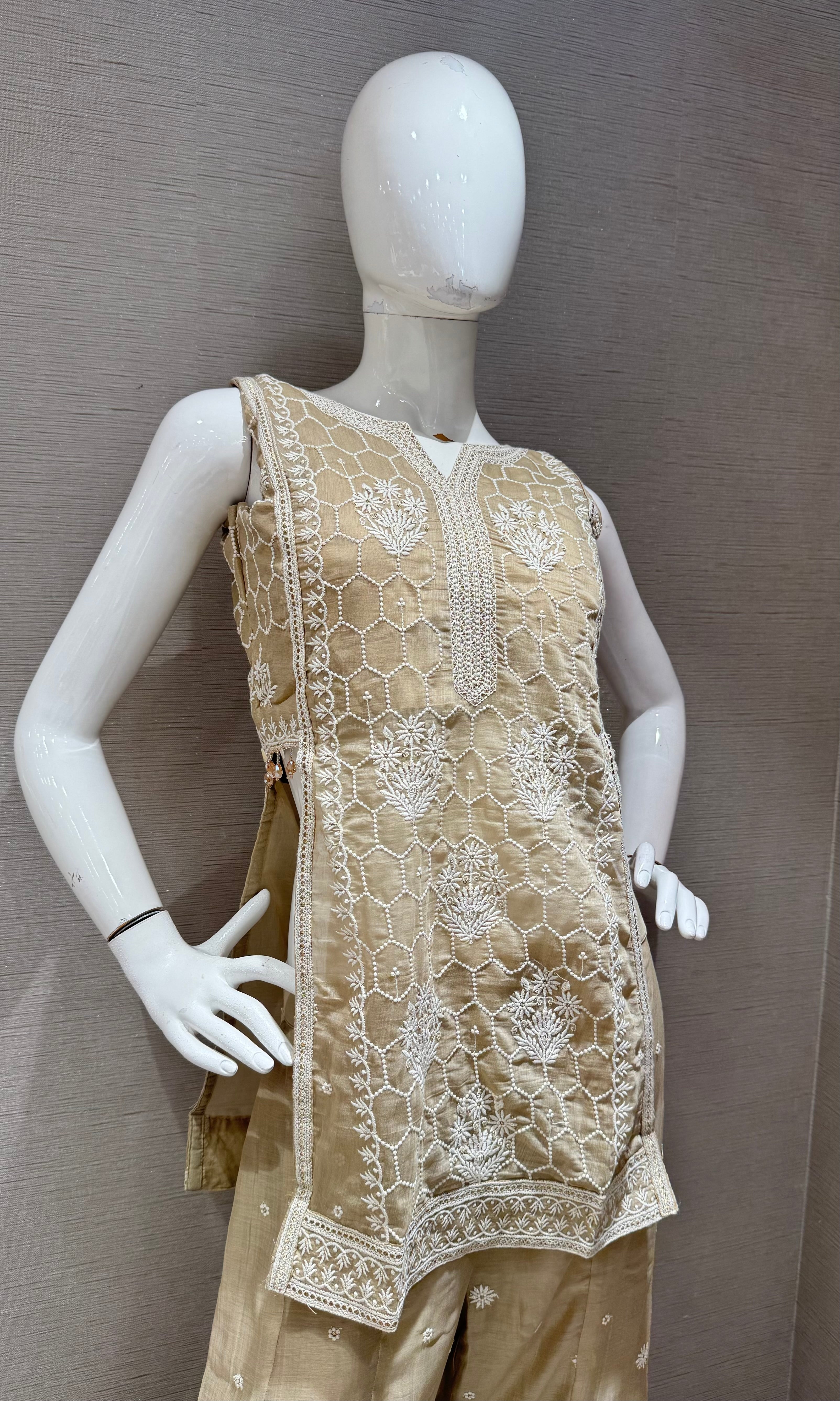 Beige Floral Embroidered palazzo set