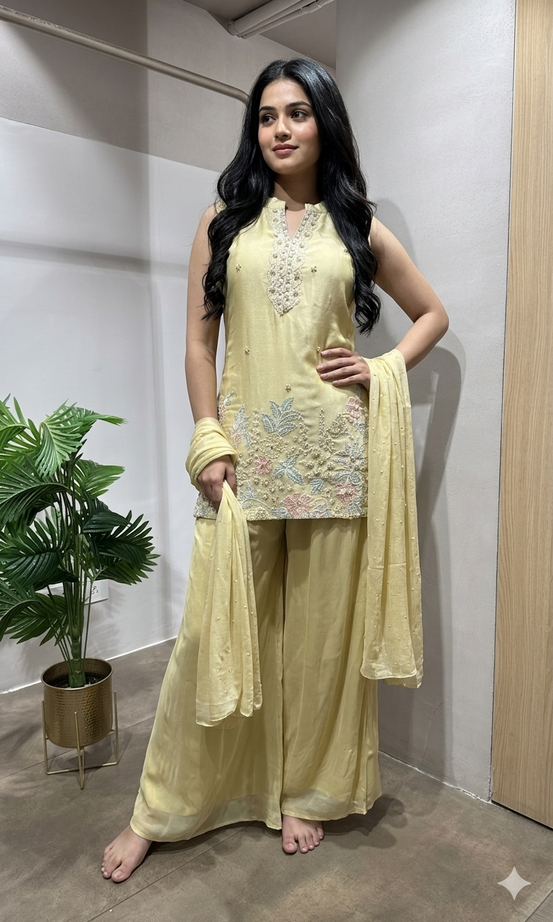 Ivory floral embroidered sharara set