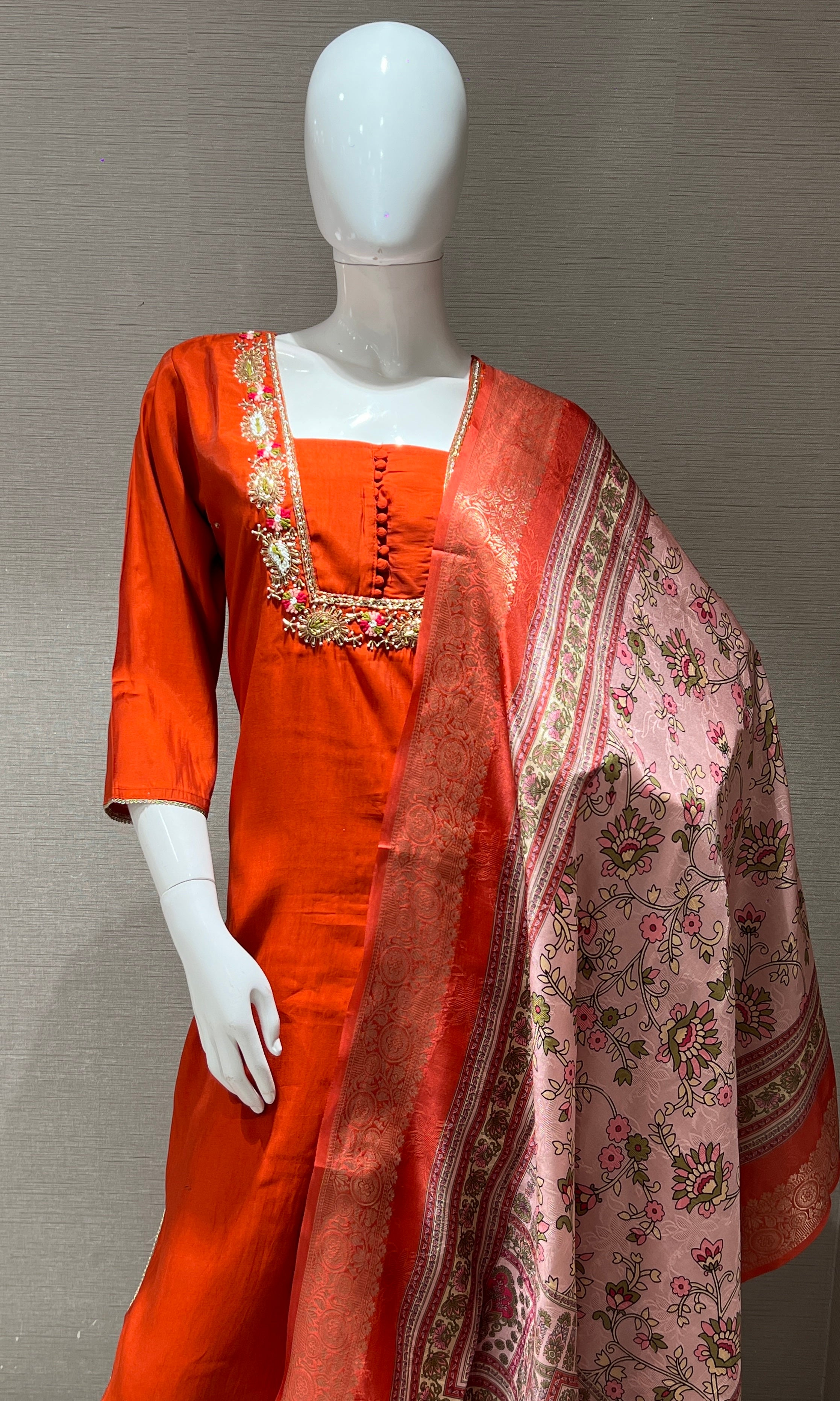 Rust orange embroidered kurti with printed dupatta