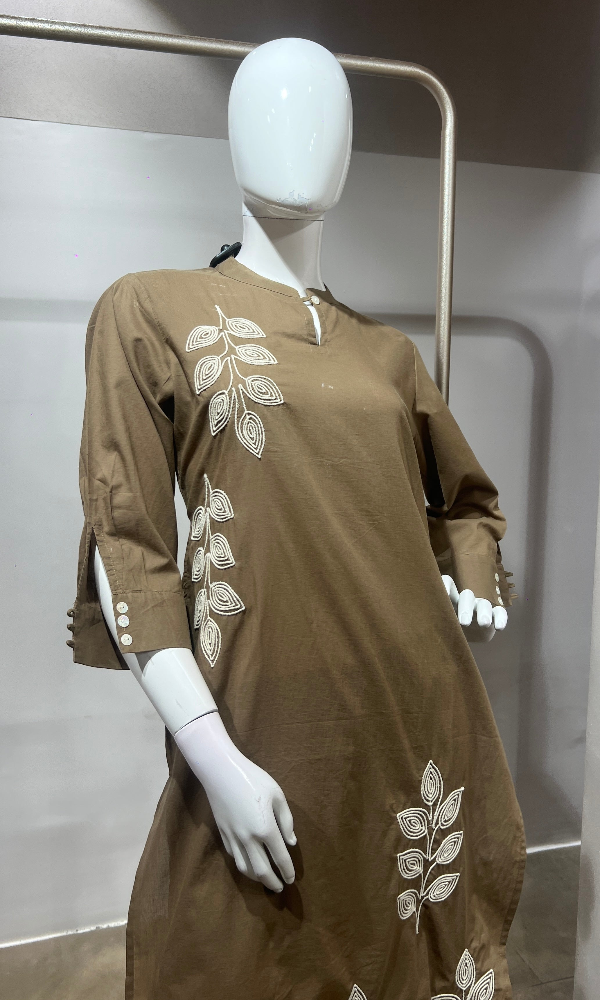 Beige Leaf Cotton Kurta Set with Tassel Dupatta