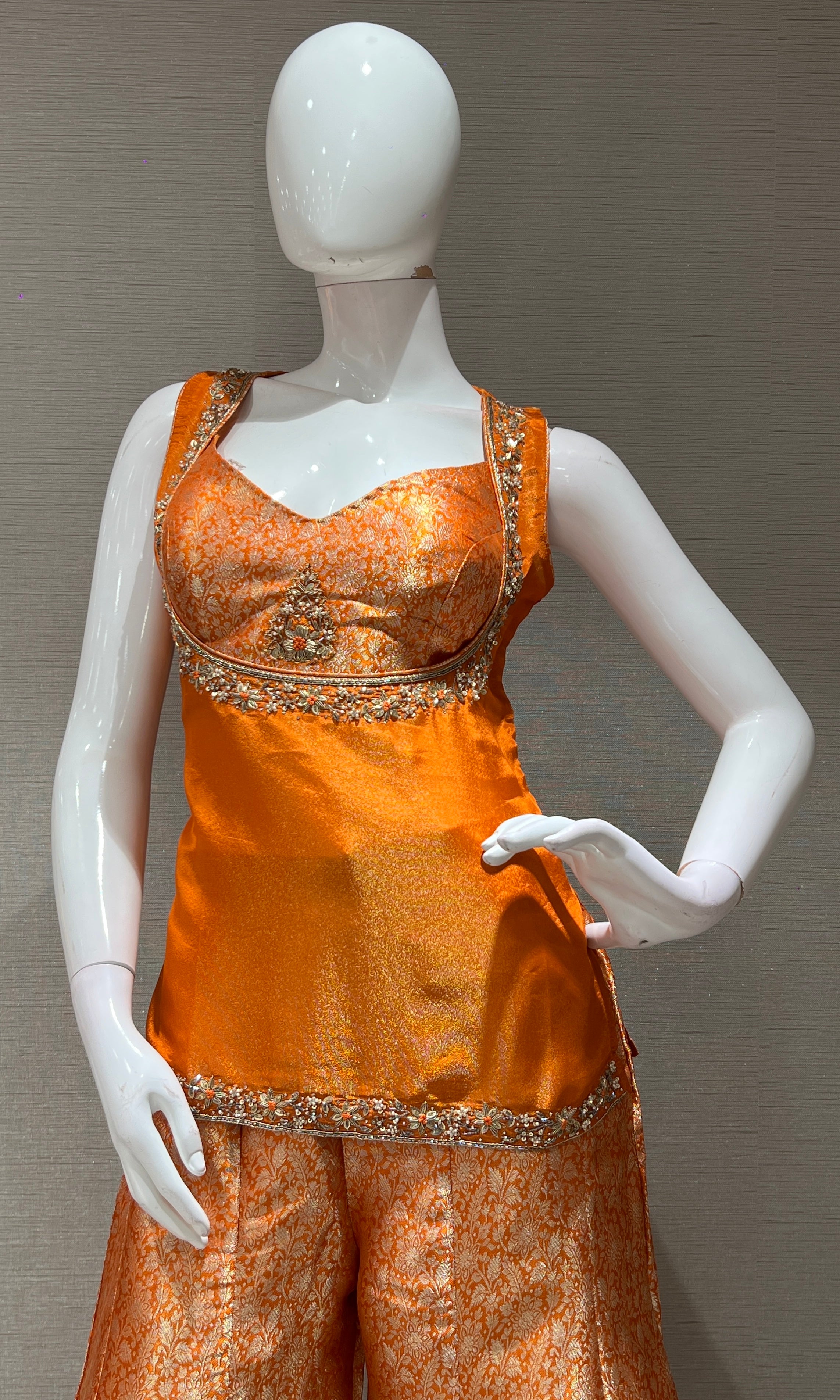 orange silk crop top and flared SHARARA set