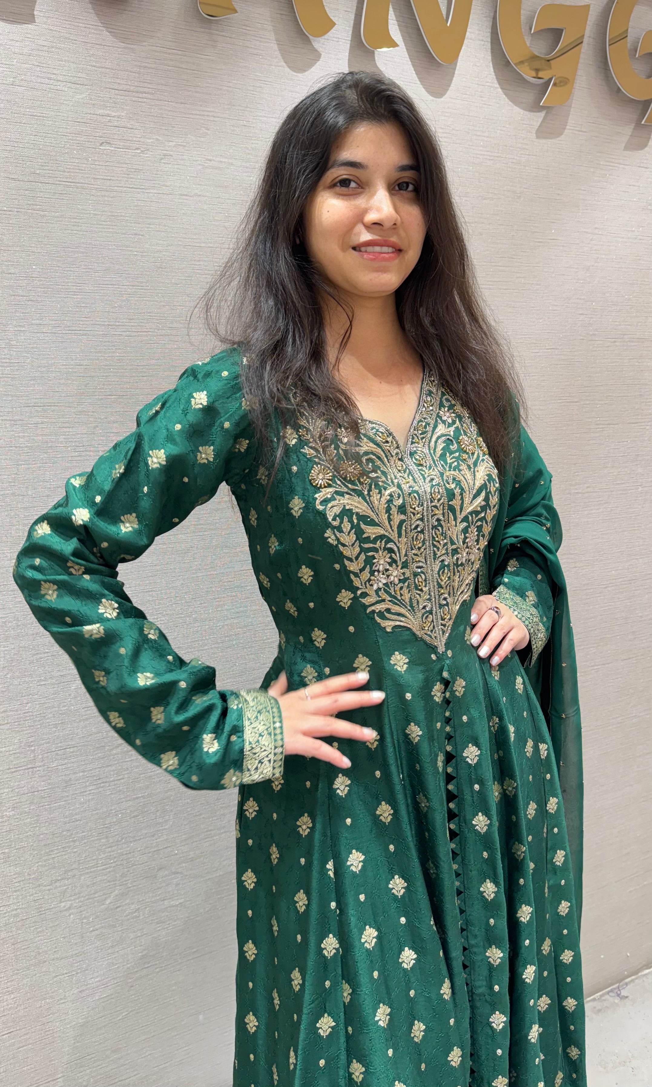Green ANARKALI WITH PALAZZO PANTS