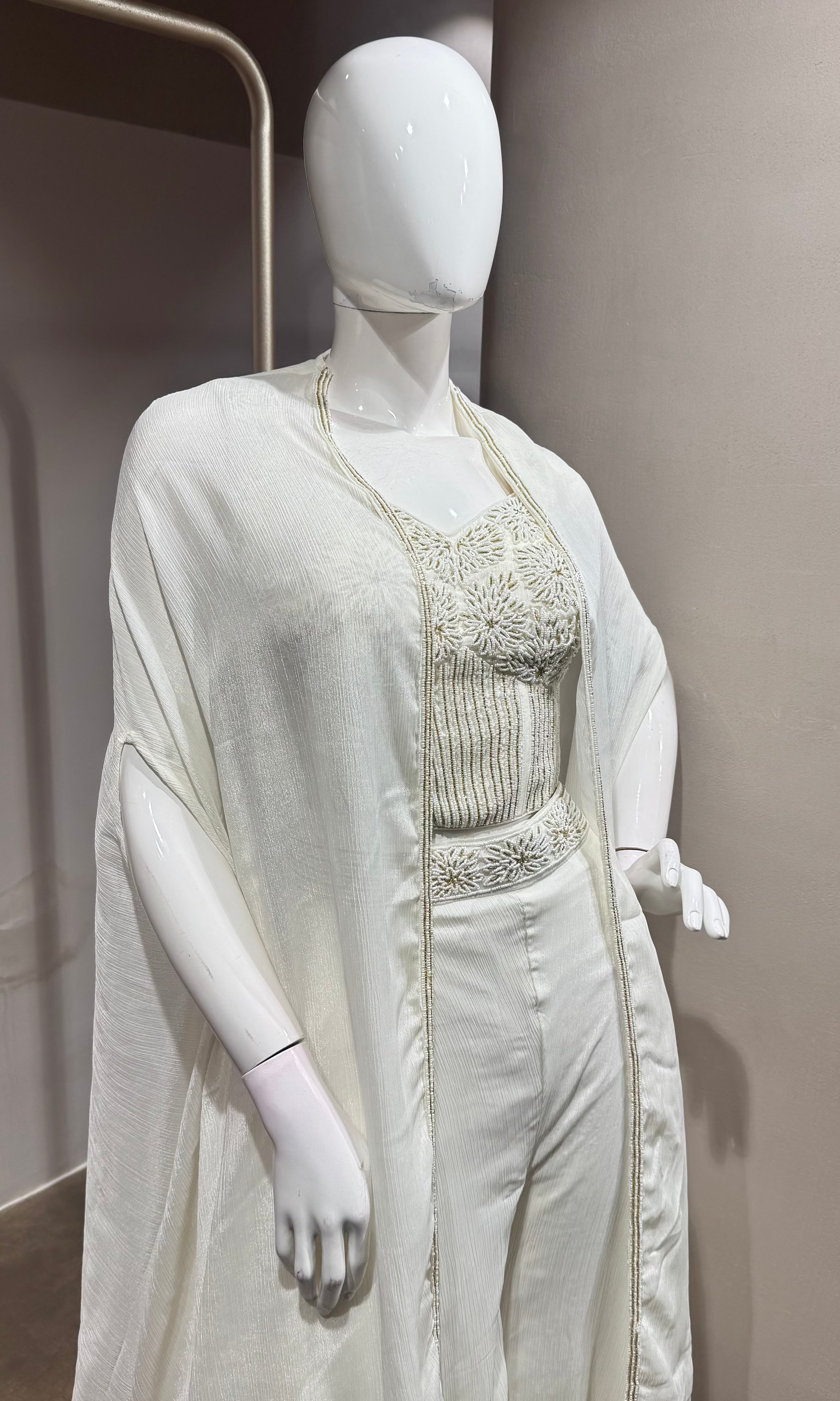 White Palazzo Set with Embroidered Crop Top and Cape Jacket