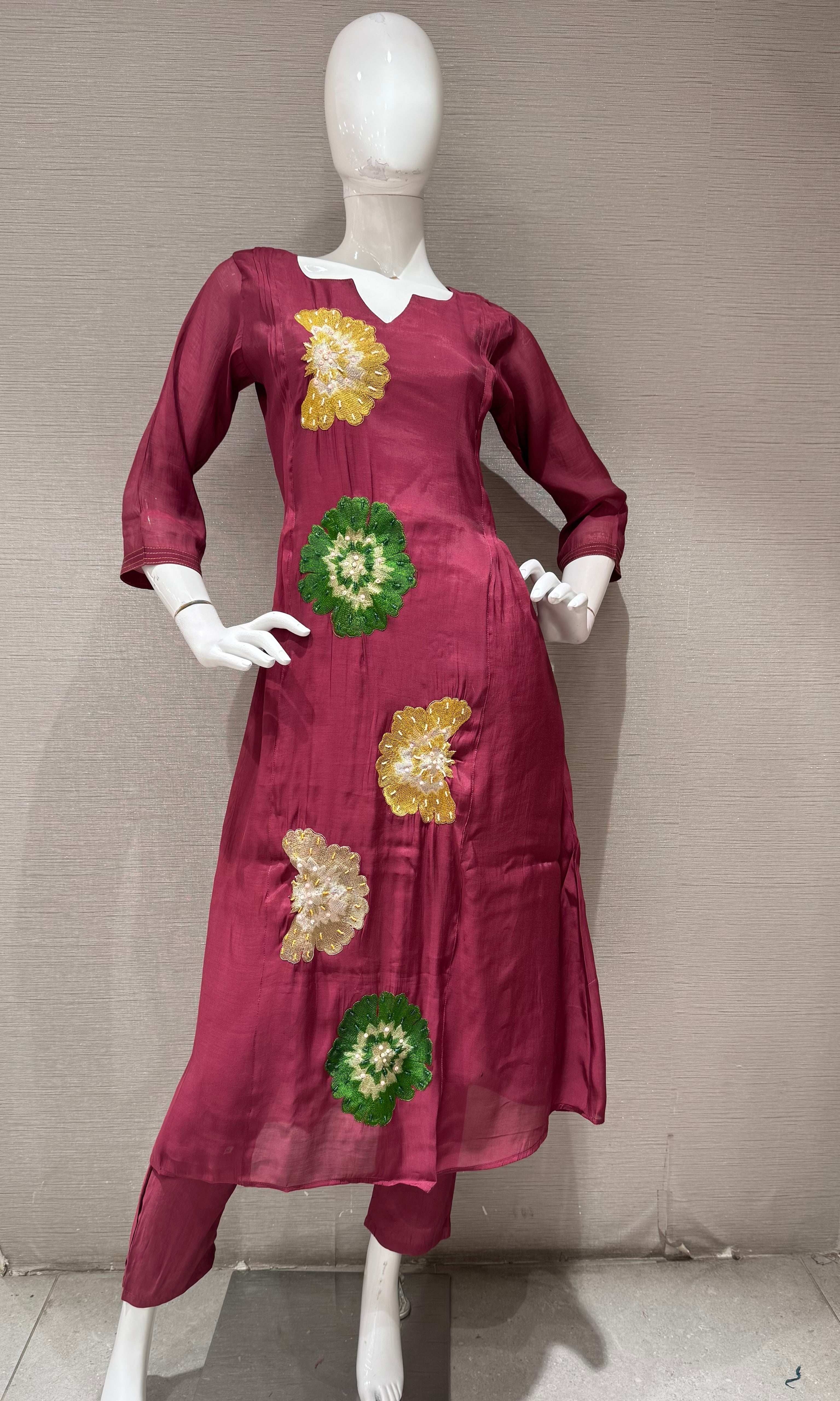 Wine cotton silk Floral Motif Kurta set with dupatta