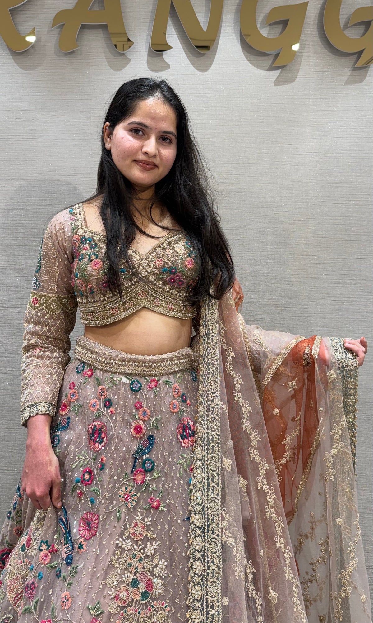 PINK Multicolour Floral Embroidered netted bridal Lehenga