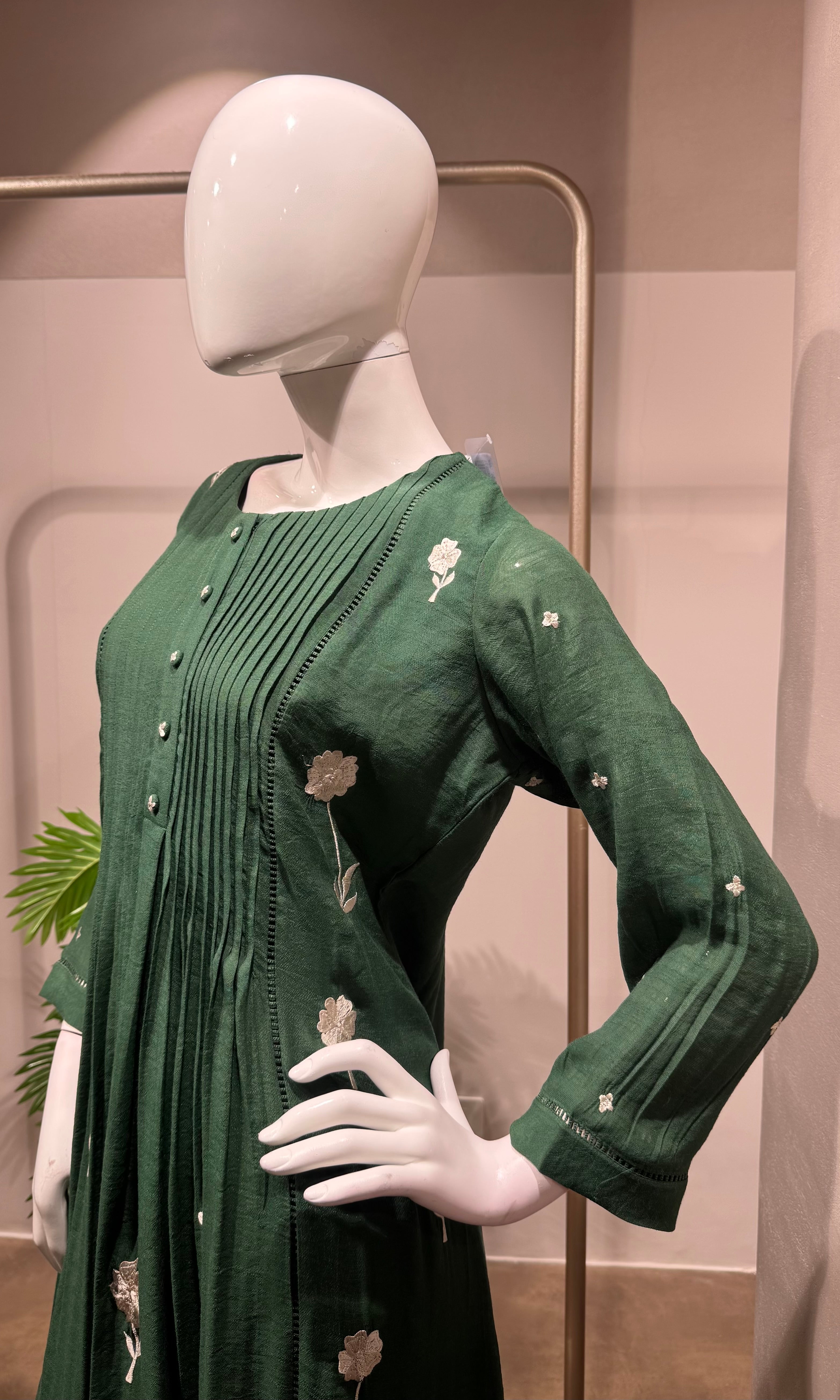 Green Linen Georgette Frock Style Kurti