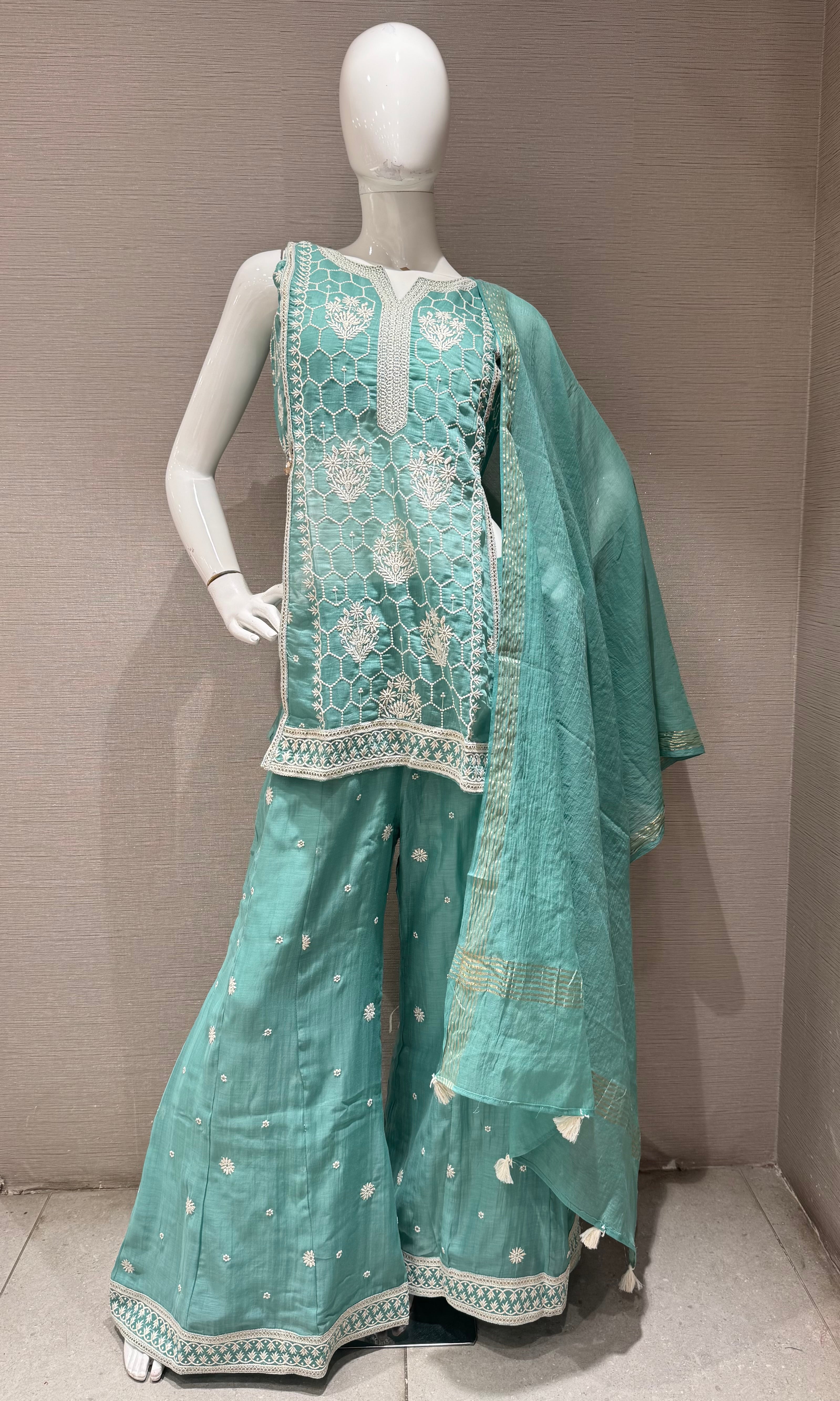 Sea green Floral Embroidered Palazzo with Sheer Dupatta