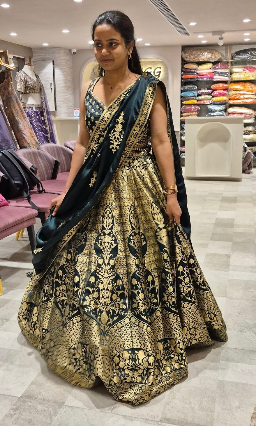 Emerald Green Lehenga with Gold Weaves