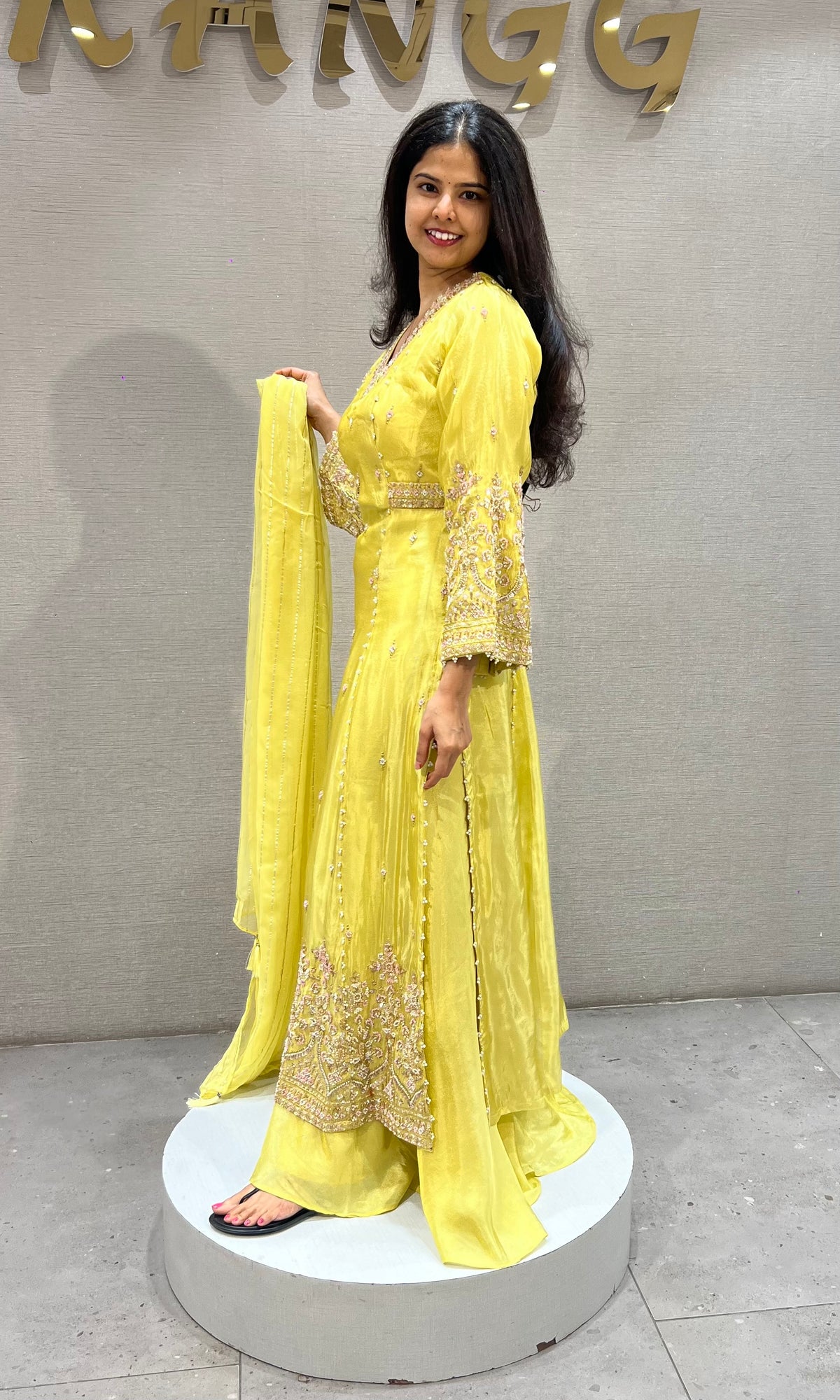 Yellow Shimmer silk Golden Zari Ethnic Naira cut palazzo set