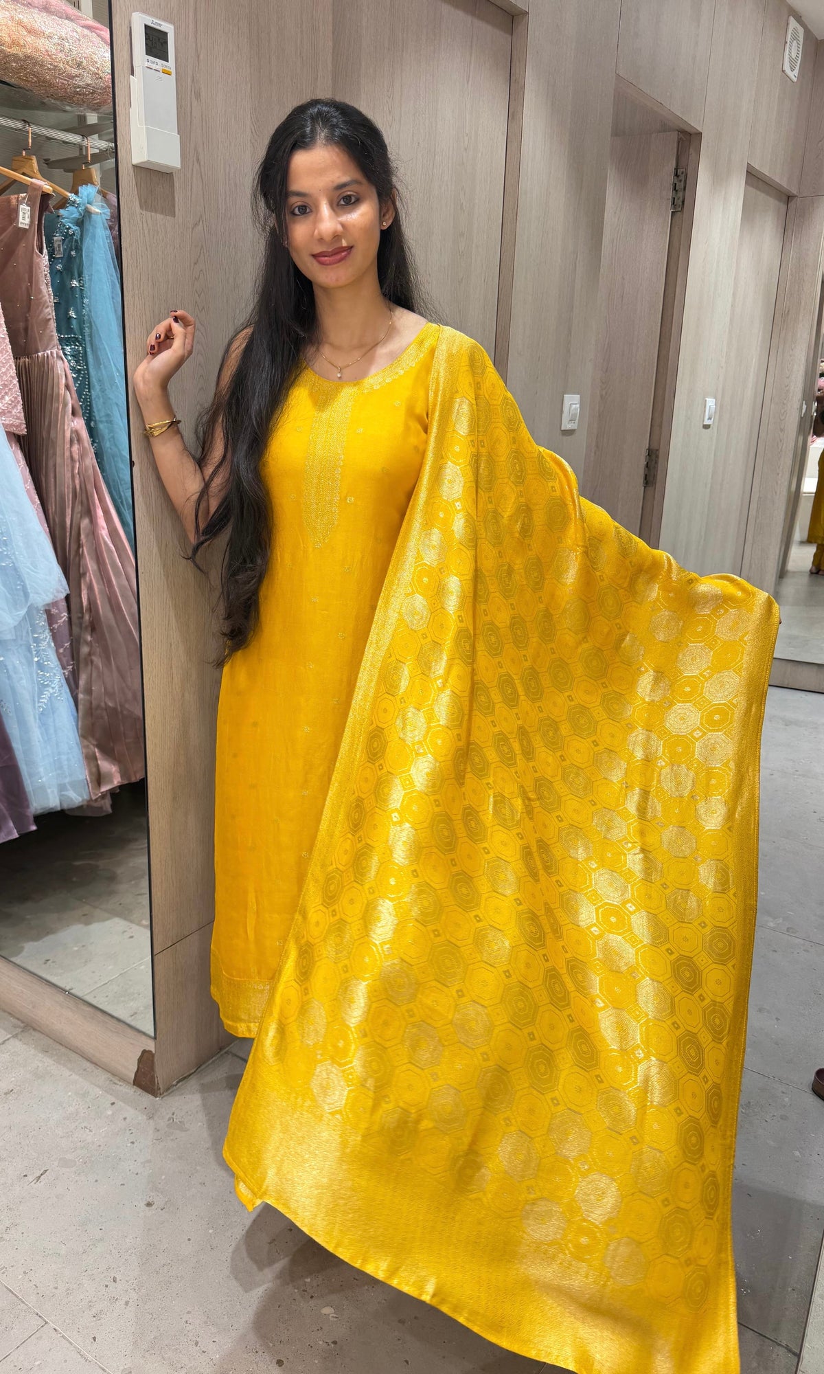 Yellow Banarasi silk Kurta Set with Patterned Dupatta
