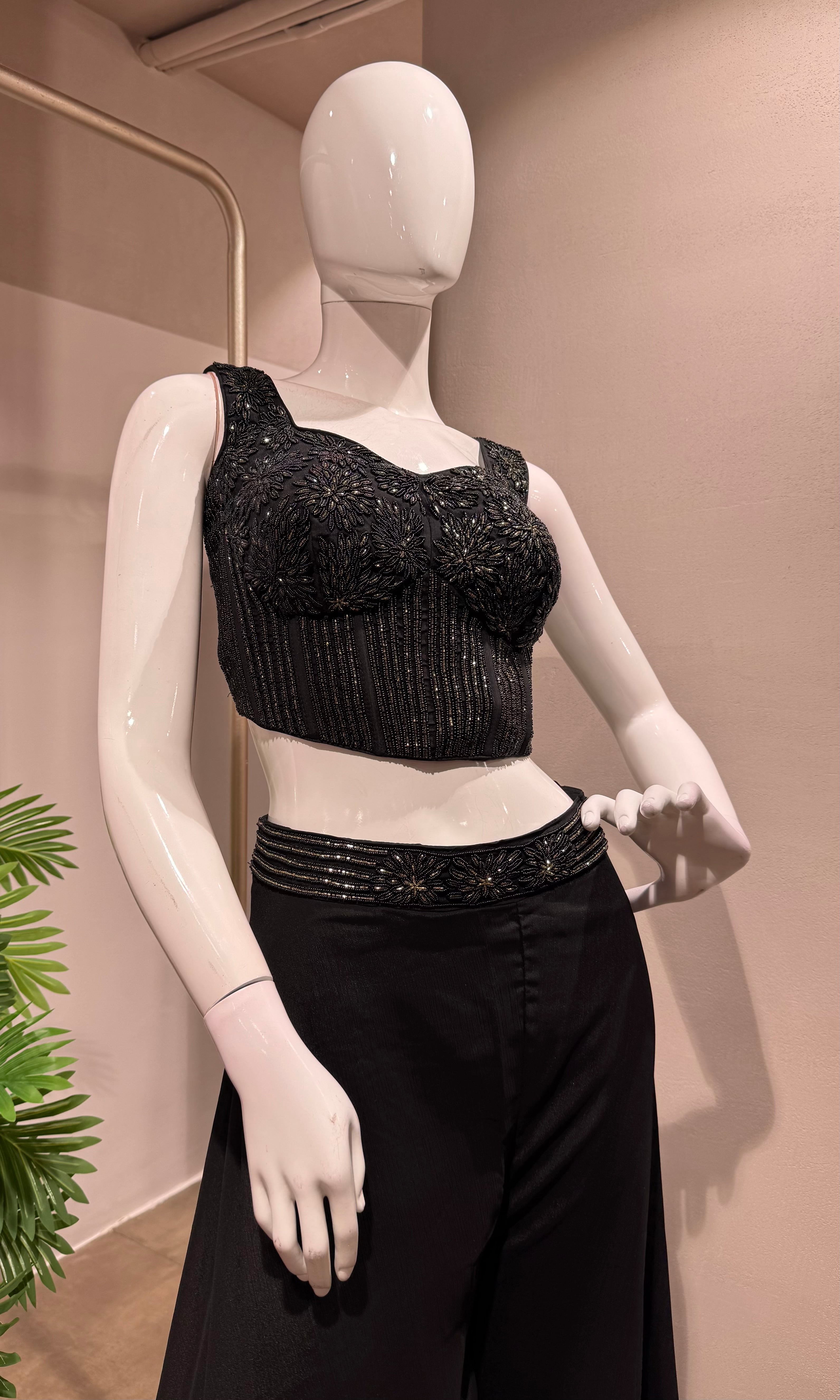 BLACK Embroidered Crop Top with Dhoti Skirt