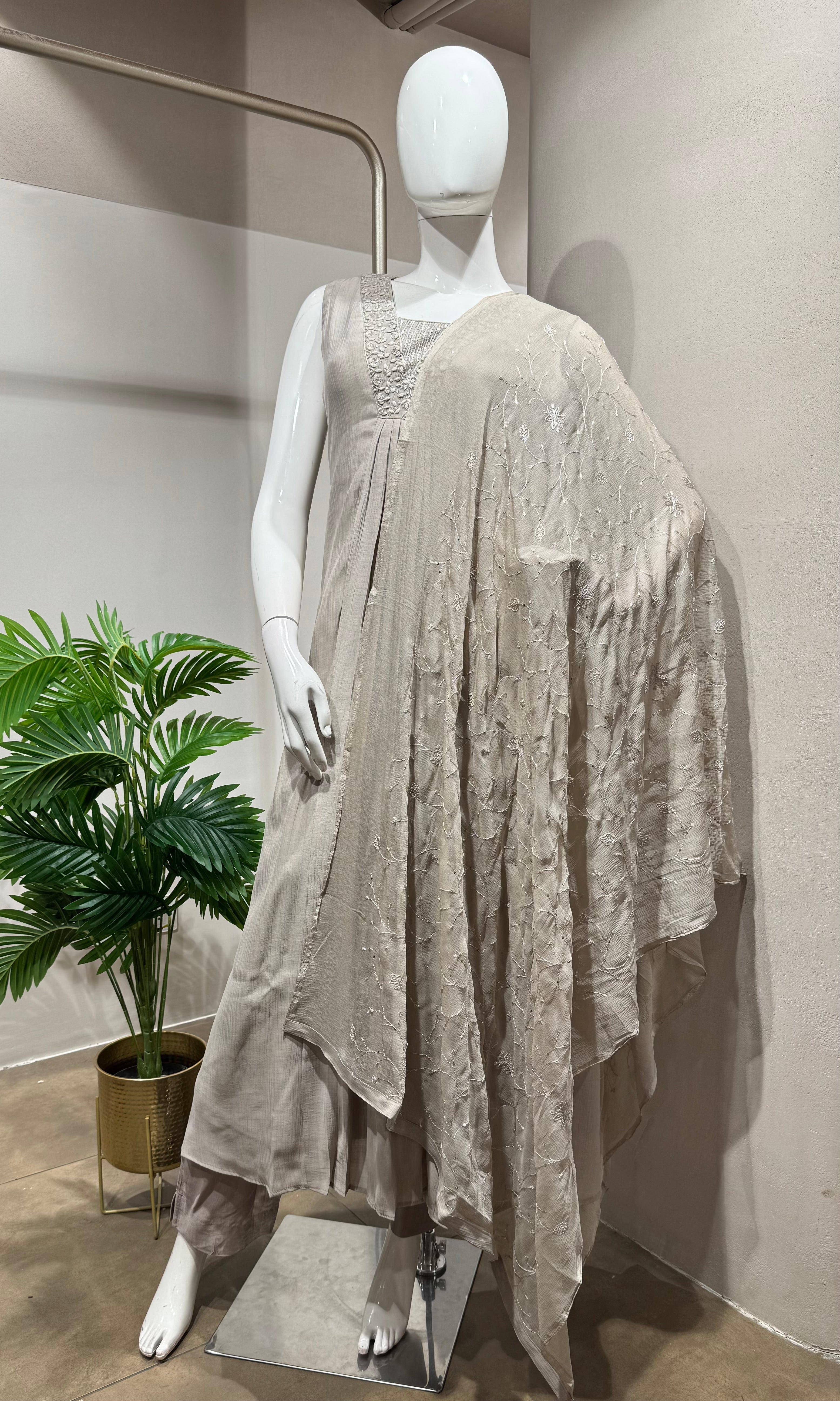 grey embroidered a line kurta set
