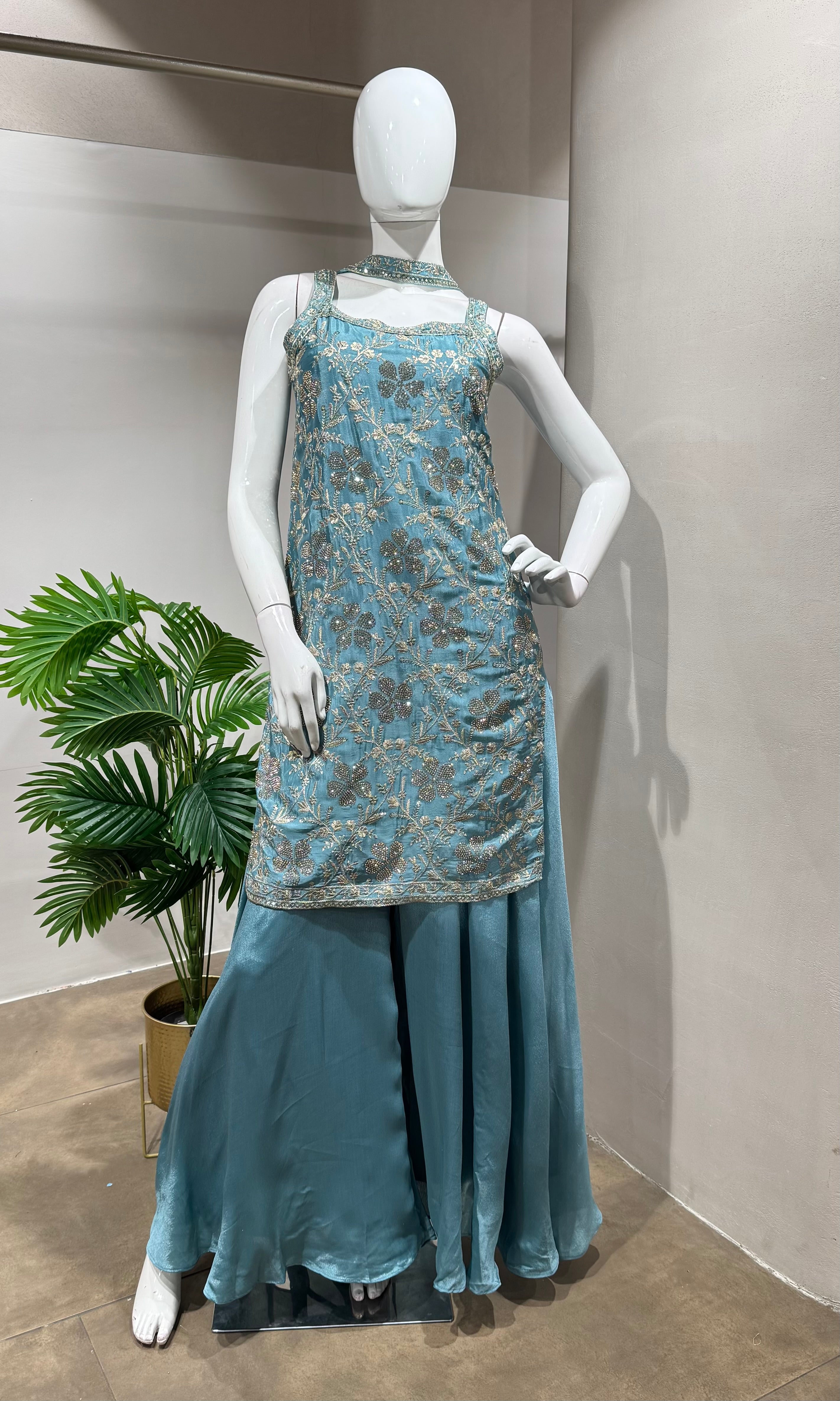 blue floral embroidered tissue sharara set