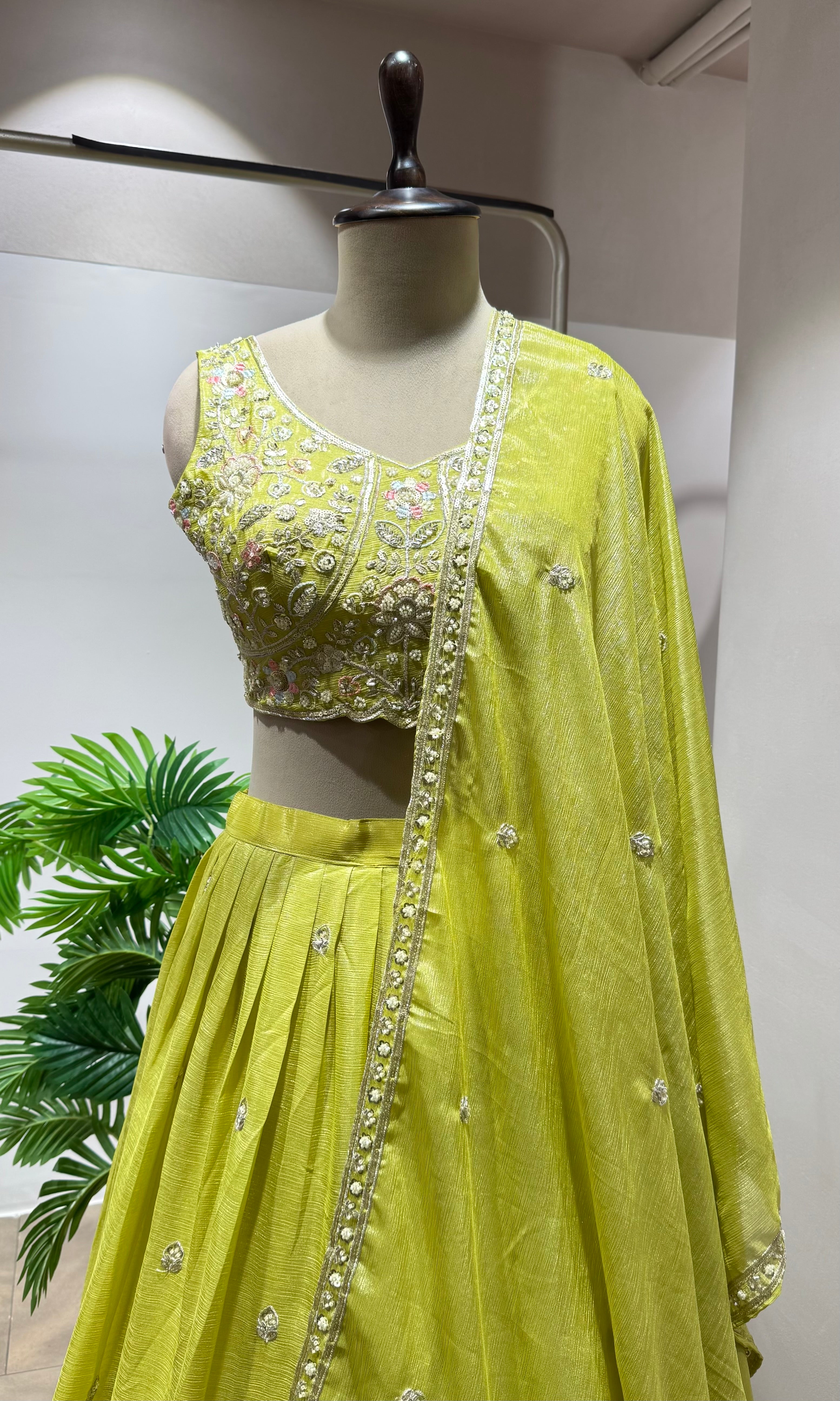 Green Silk Lehenga with Floral Embroidered Border