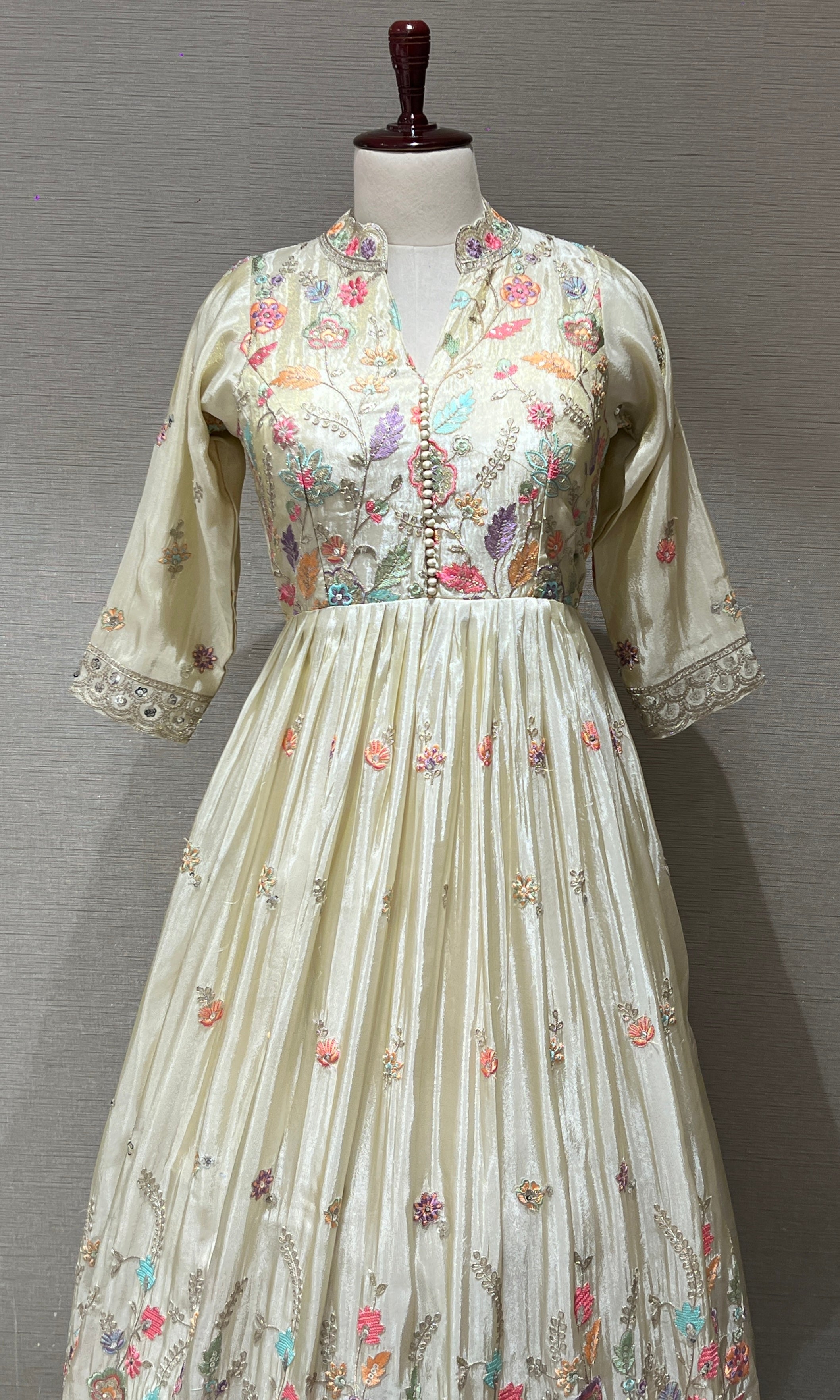 Pearl Glow Cream Anarkali Long Gown with Floral Detailing