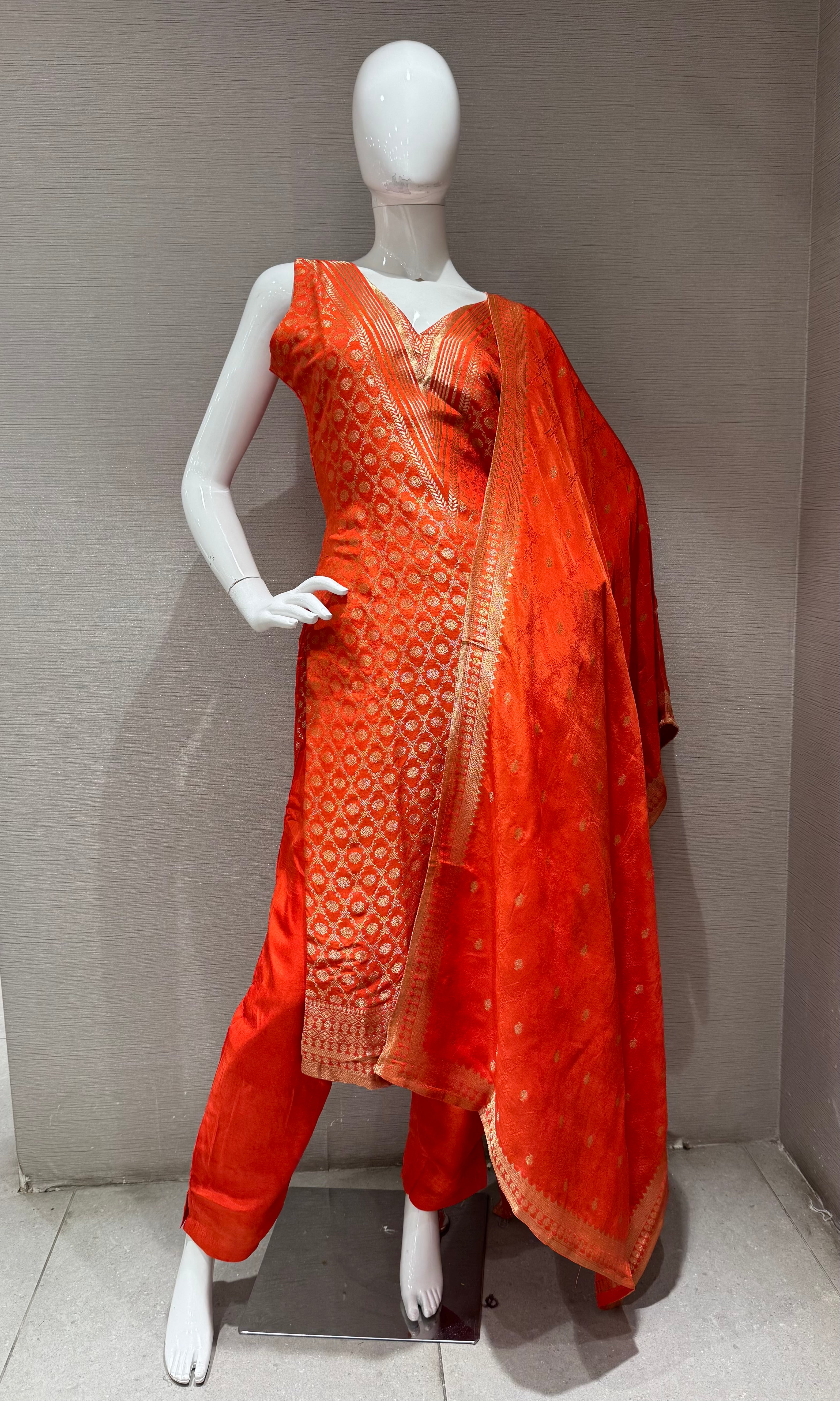Orange Golden Embroidered Kurta Set with Dupatta