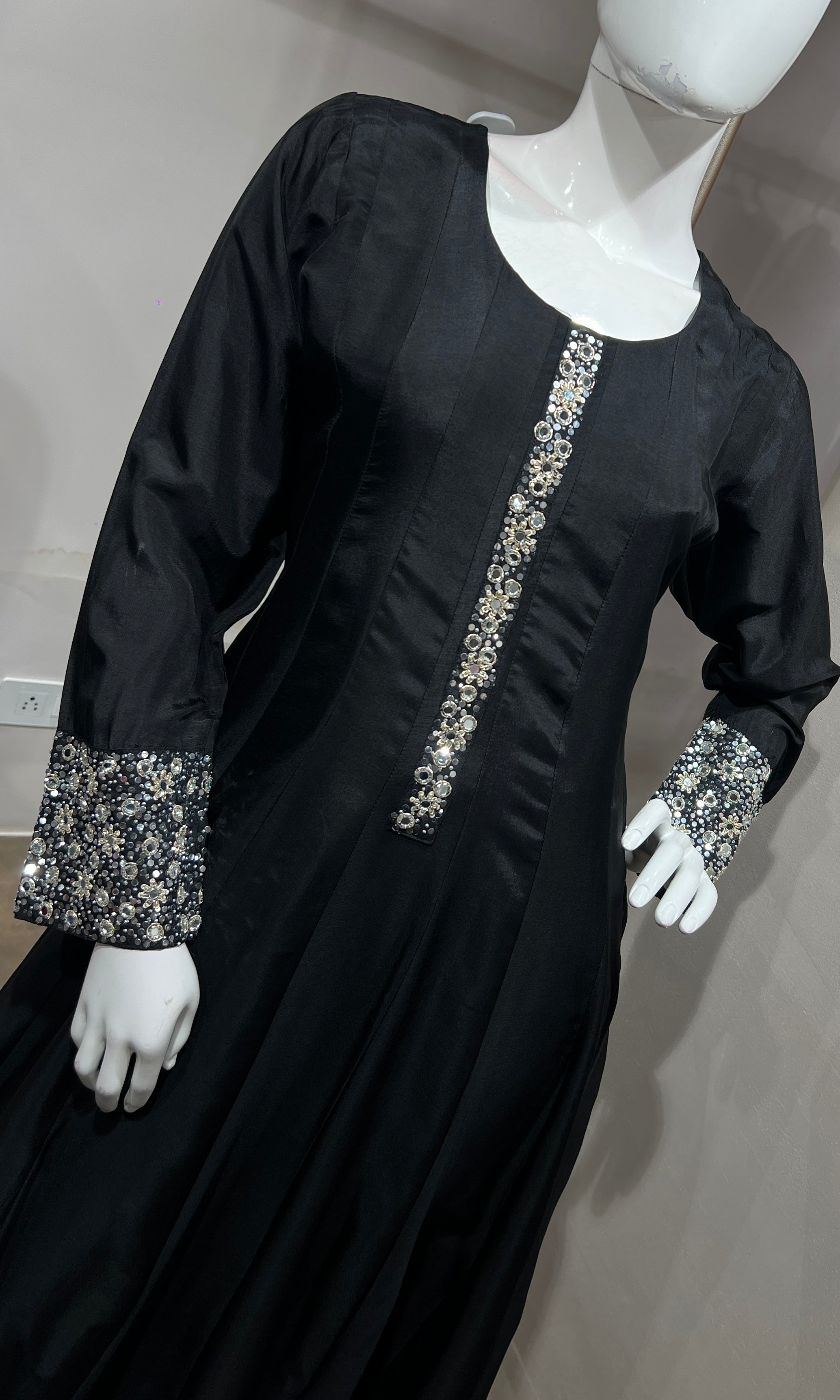 black Straight Kurta Set with Mirror Embroidery