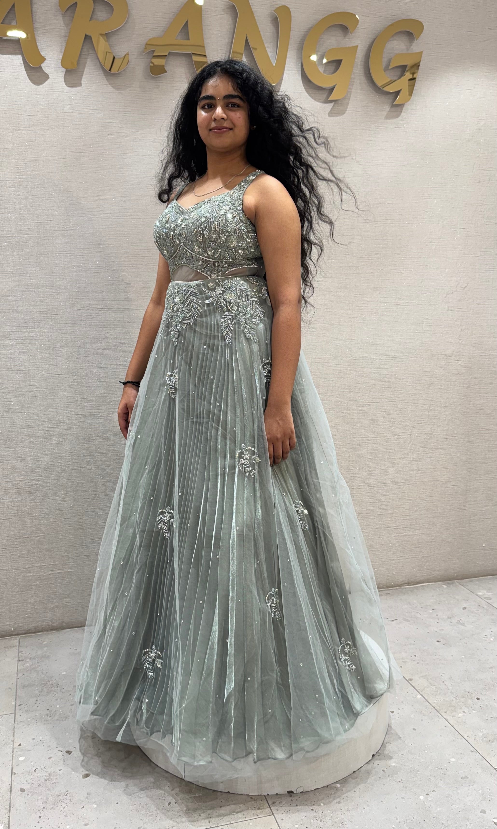 Pastel Green Sage Floral Applique Gown
