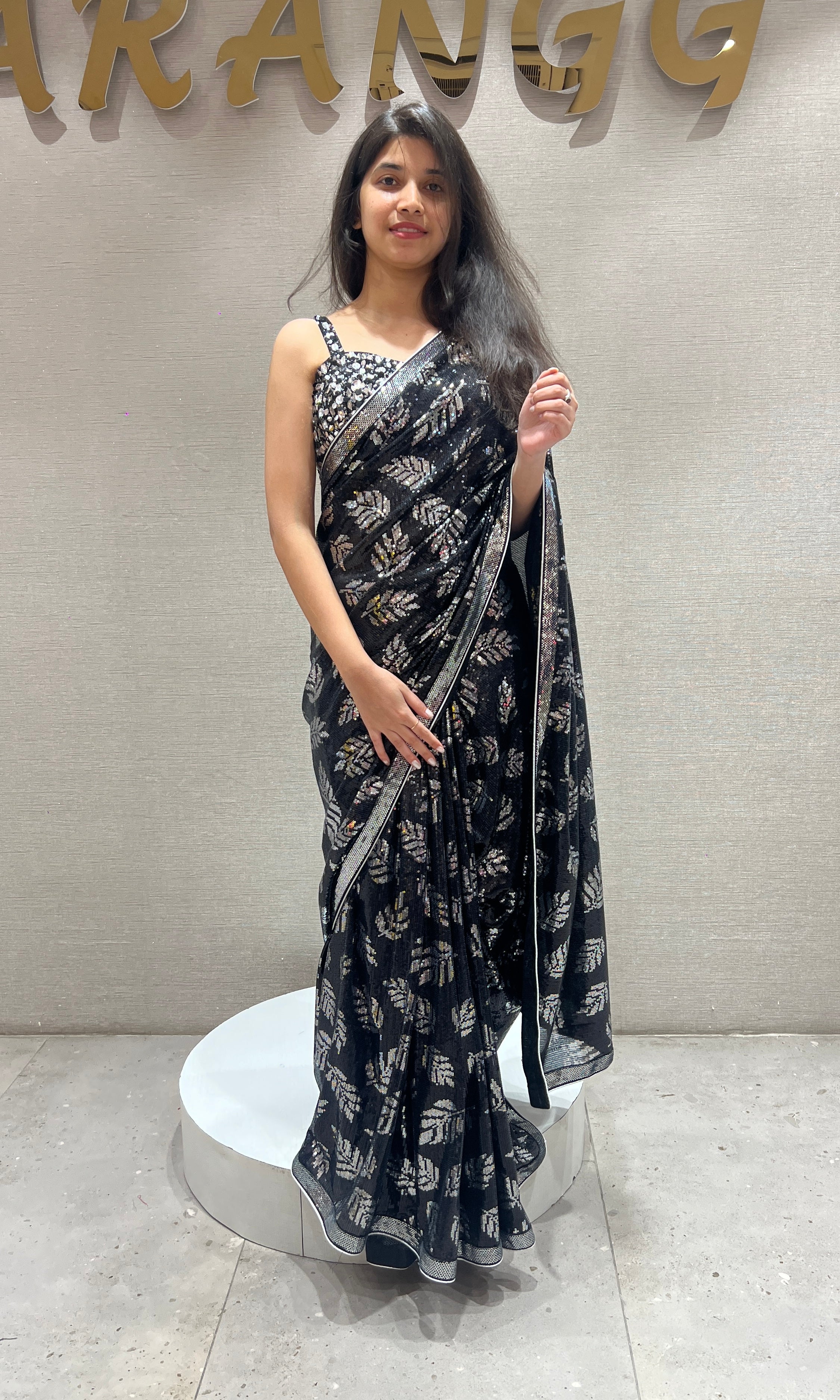Black sequin designer saree with ready blouse