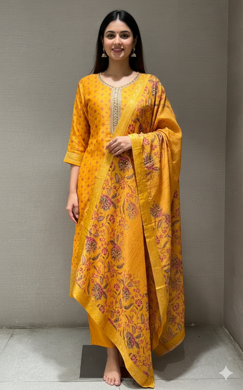 yellow embroidered printed kurta set
