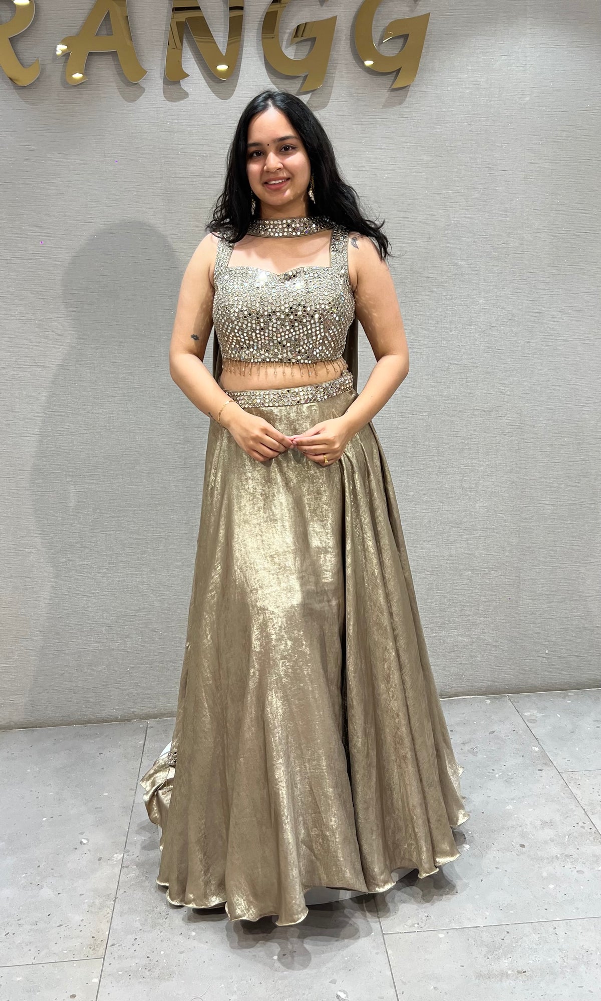 champagne Shimmering Metallic Gold Lehenga Set
